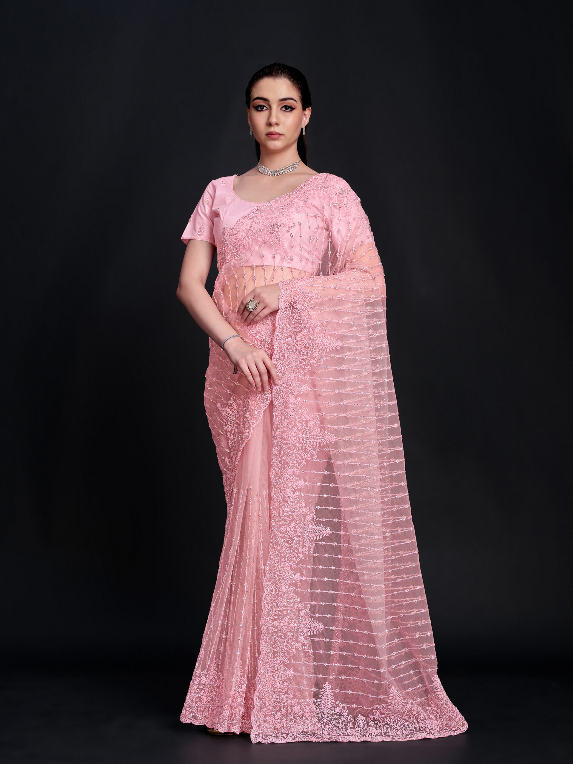 Pink - Cherry Blossom Saree with All-Over Heavy Embroidery