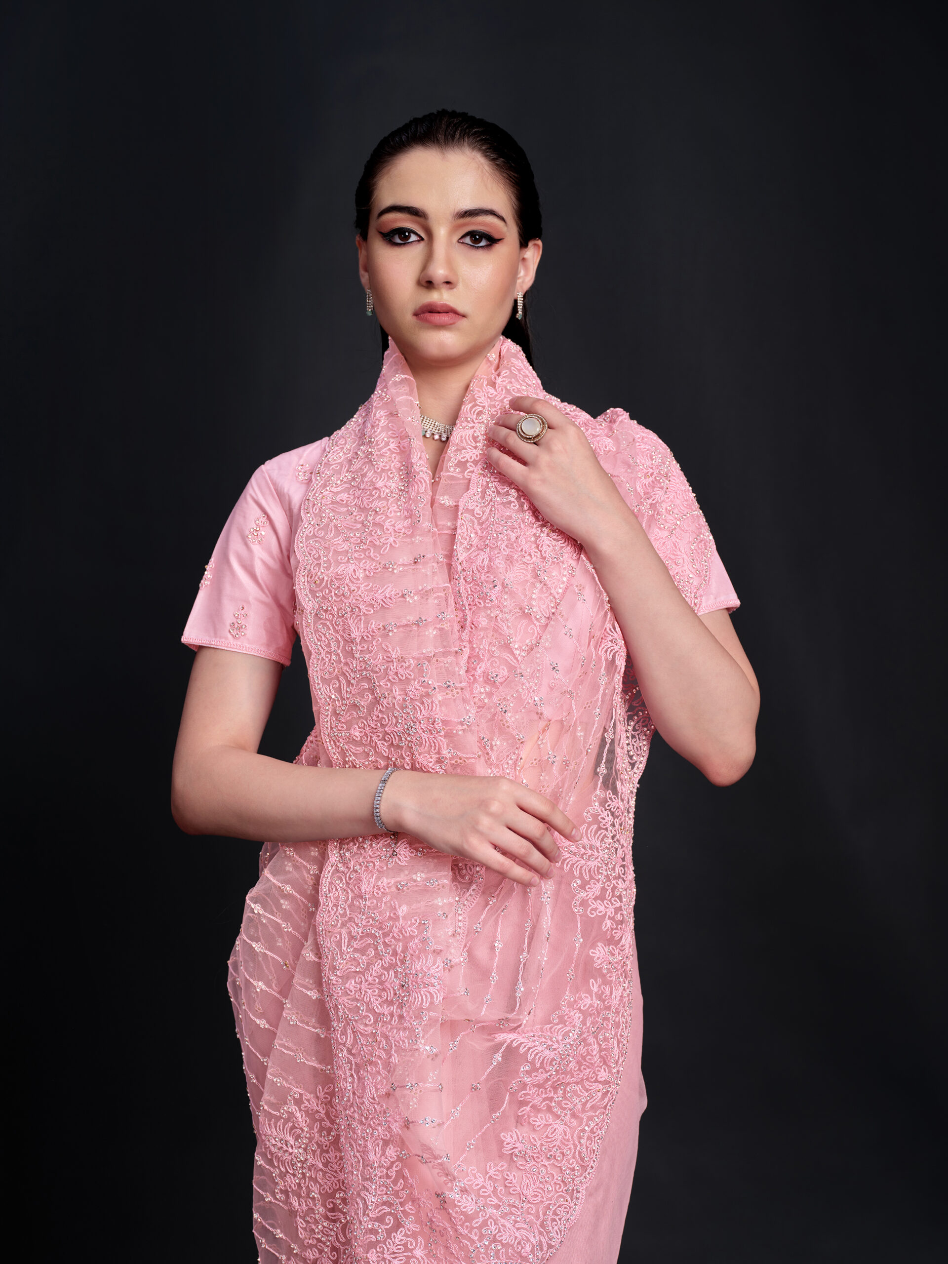 Pink - Cherry Blossom Saree with All-Over Heavy Embroidery
