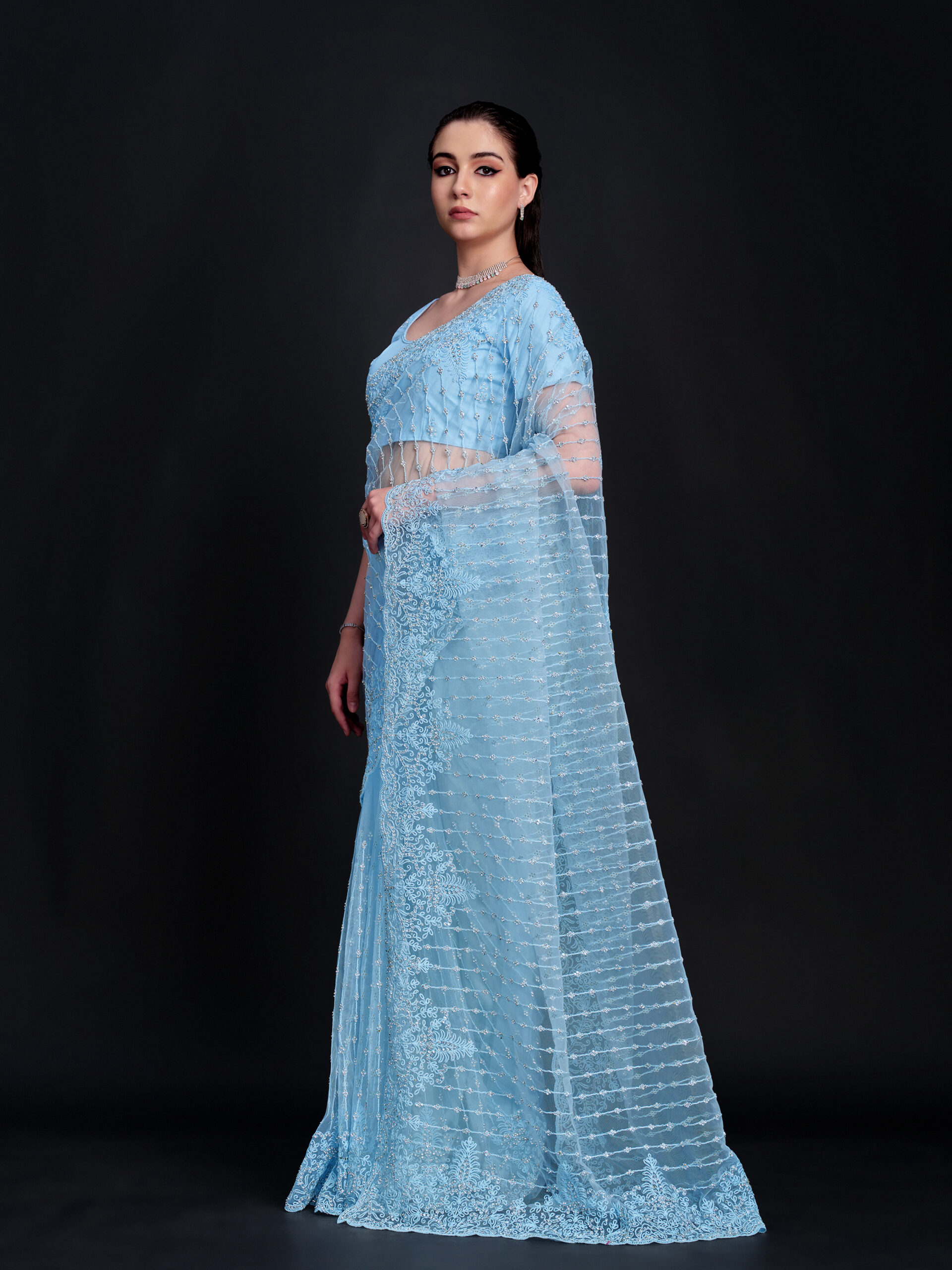 Sky - Sky Blue Saree with All-Over Heavy Embroidery