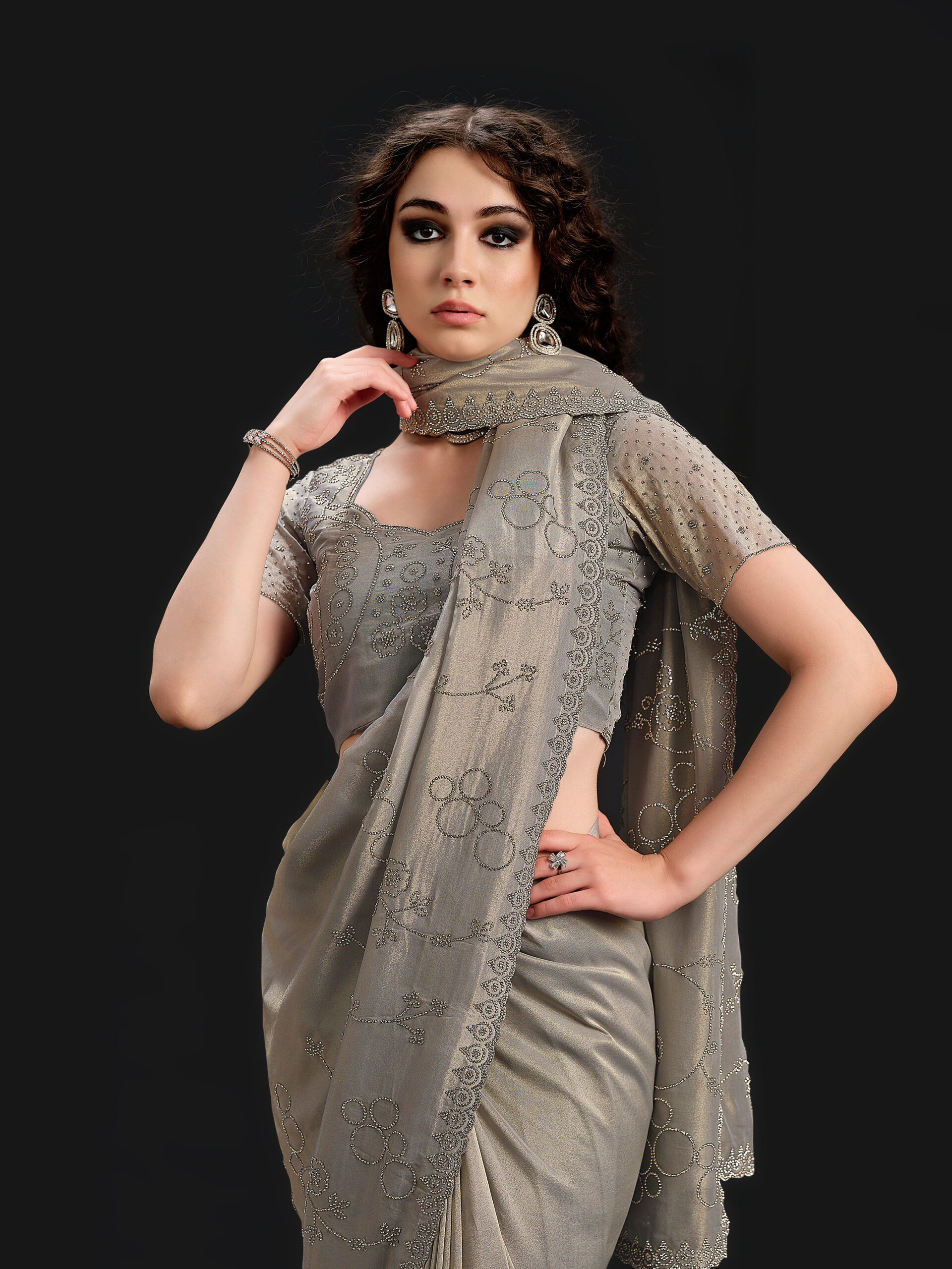 Storm Gray Saree with Silver Stone - 