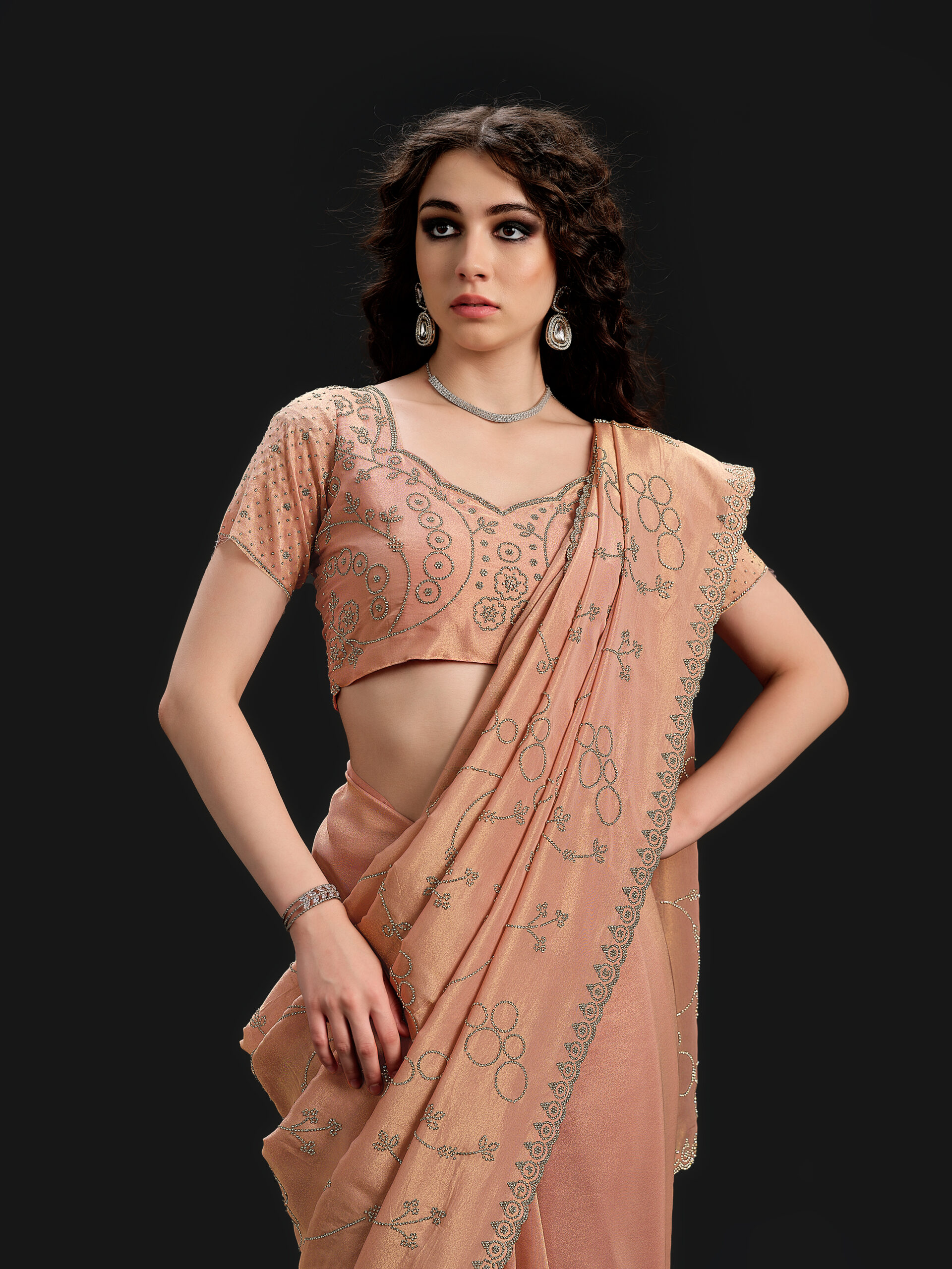Rose Smoke Saree with Silver Stone - 