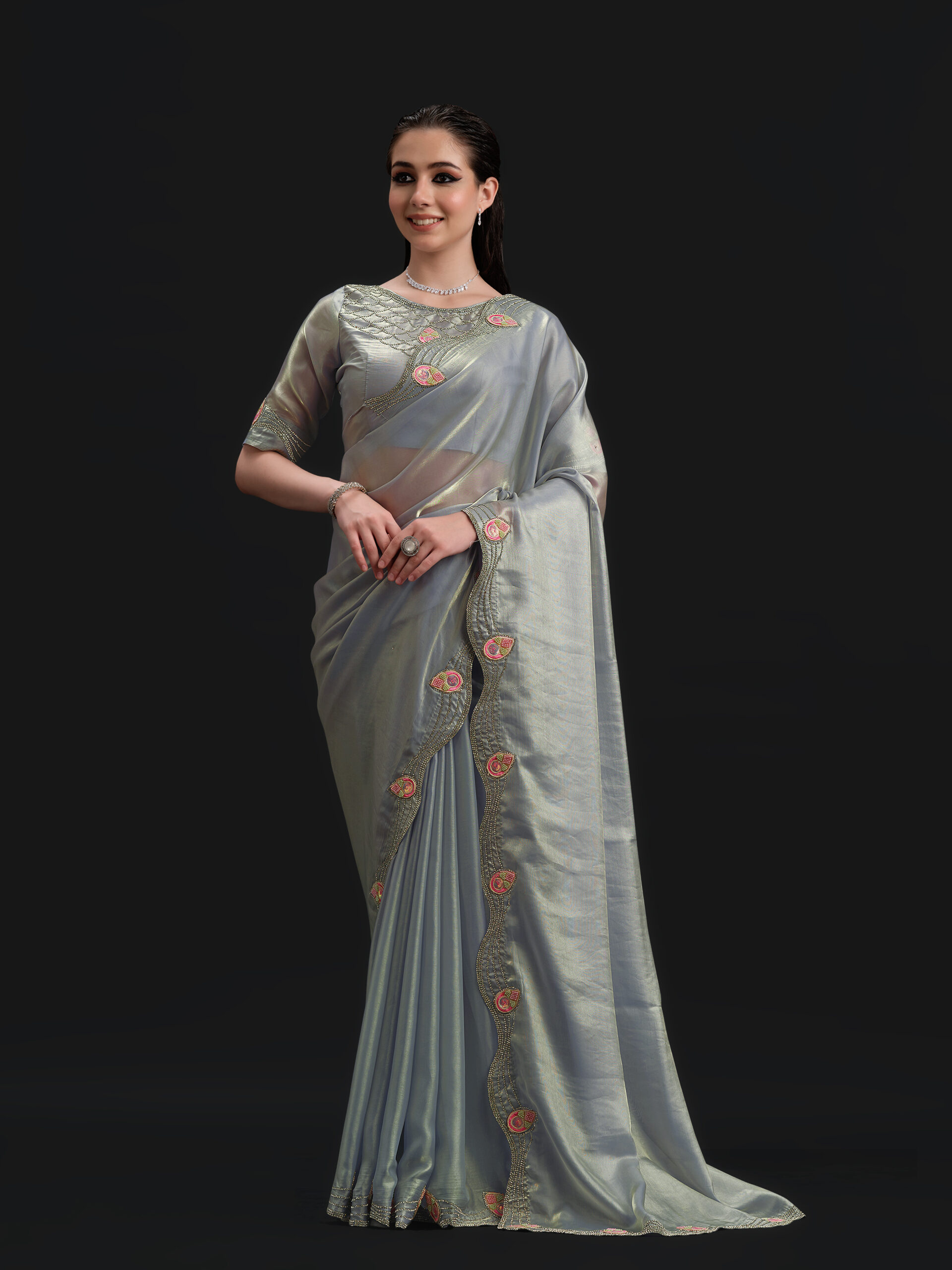 Grey - Power Blue Saree - 