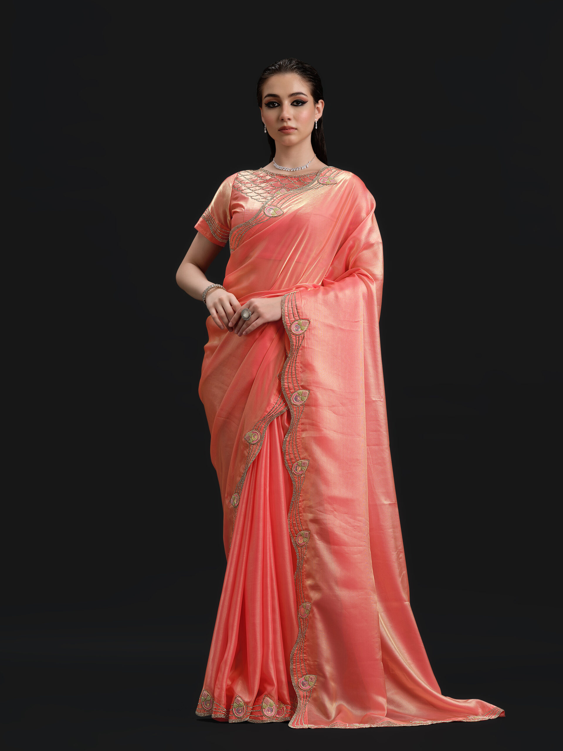 Peach - Pale Rosette Saree - 