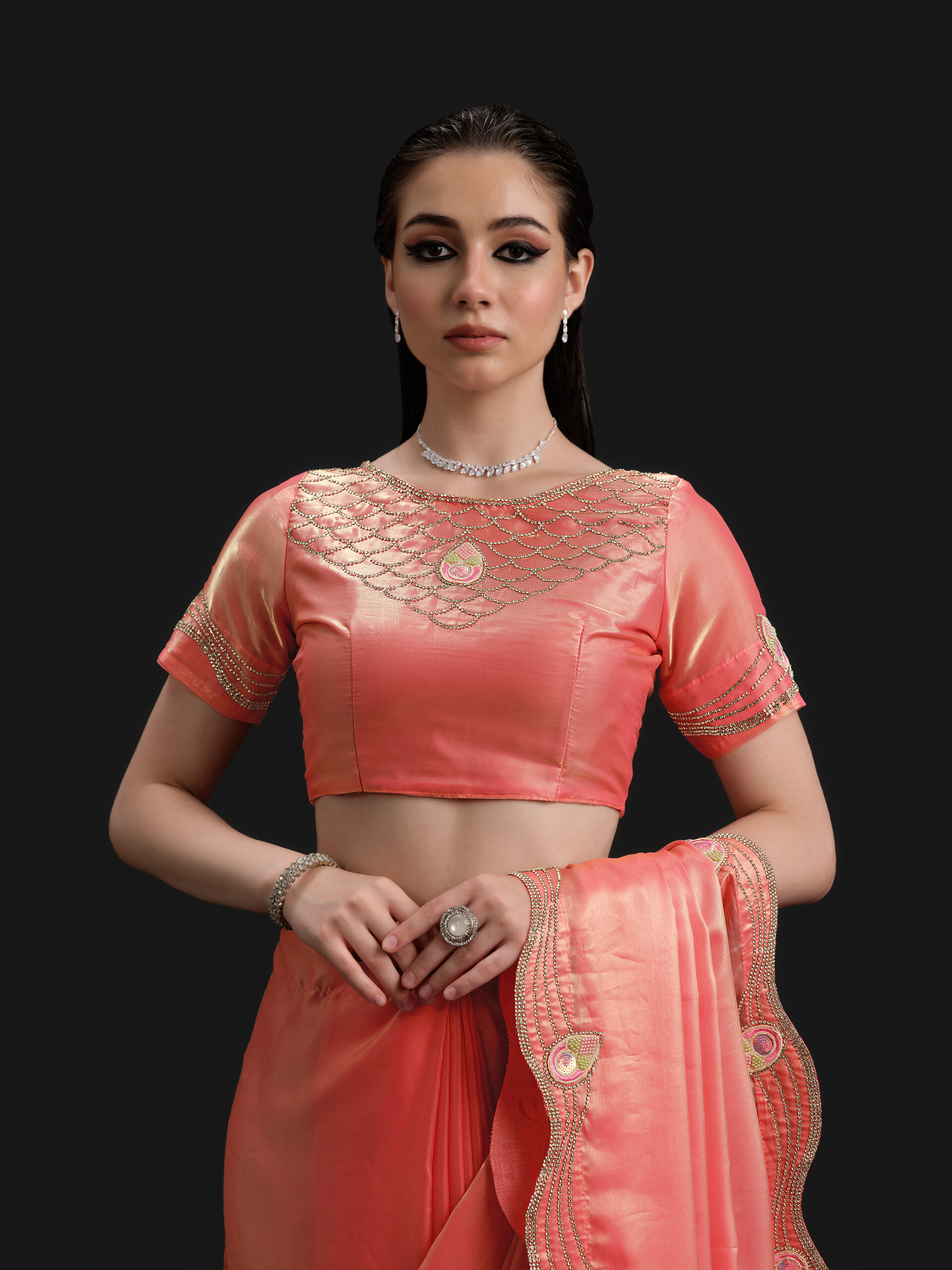 Peach - Pale Rosette Saree - 