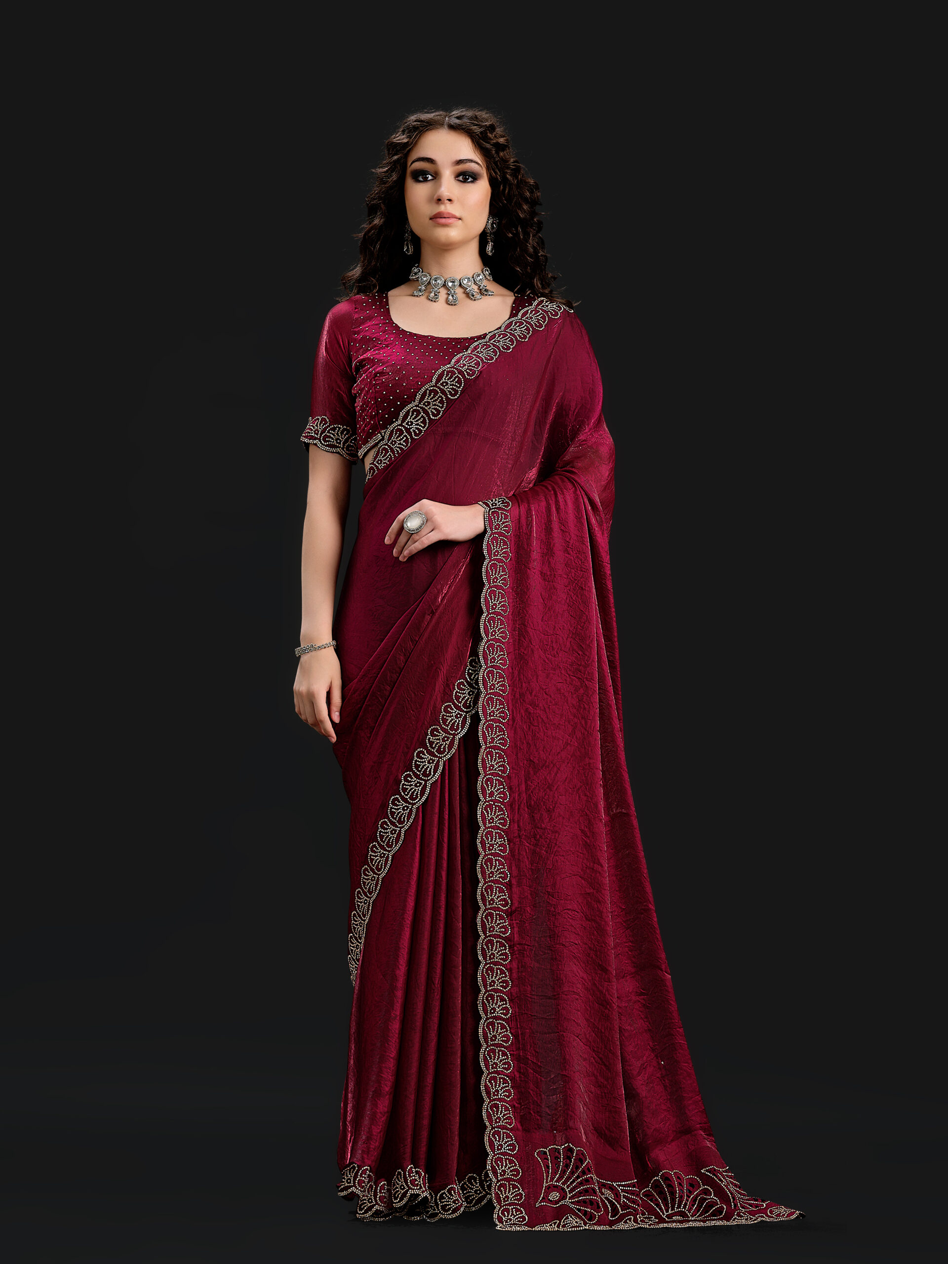 Maroon - Clothic Grape Saree with Golden Stone - 