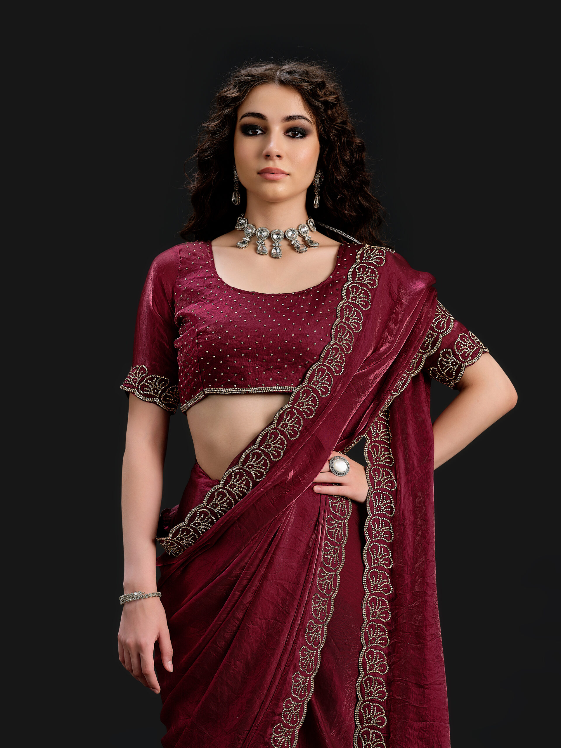 Maroon - Clothic Grape Saree with Golden Stone - 