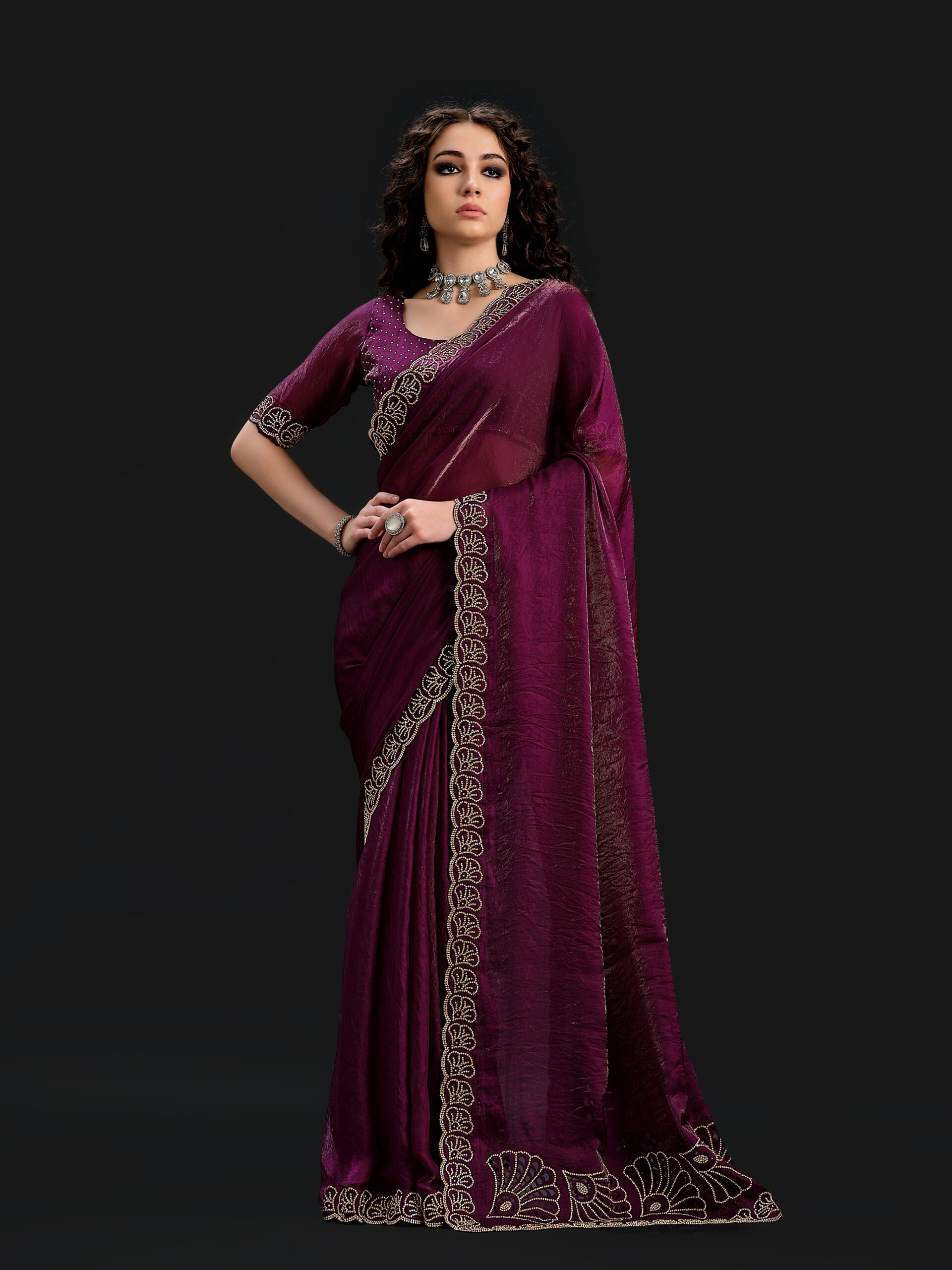 Purple - Zinfandel Saree with Golden Stone - 