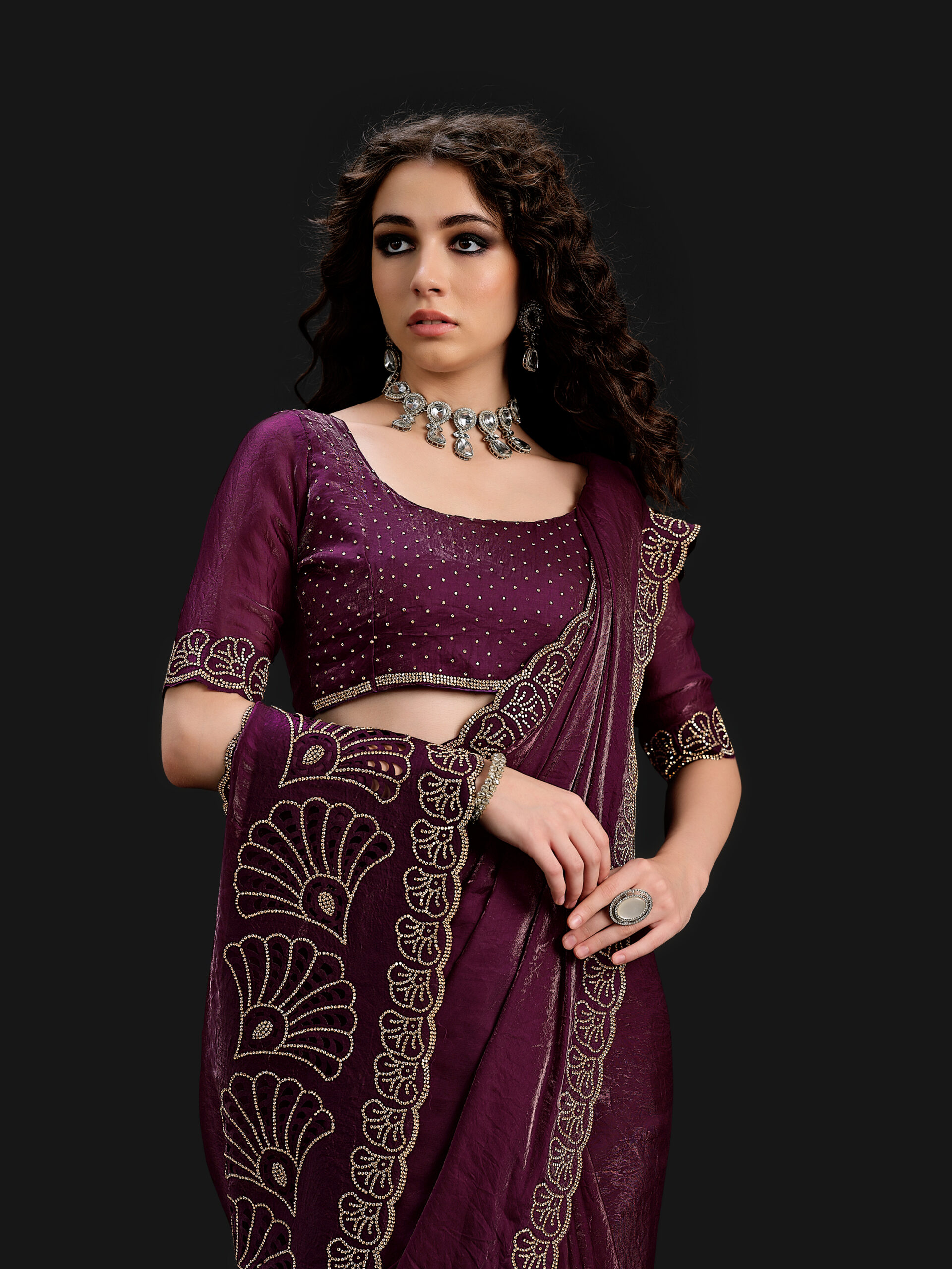 Purple - Zinfandel Saree with Golden Stone - 