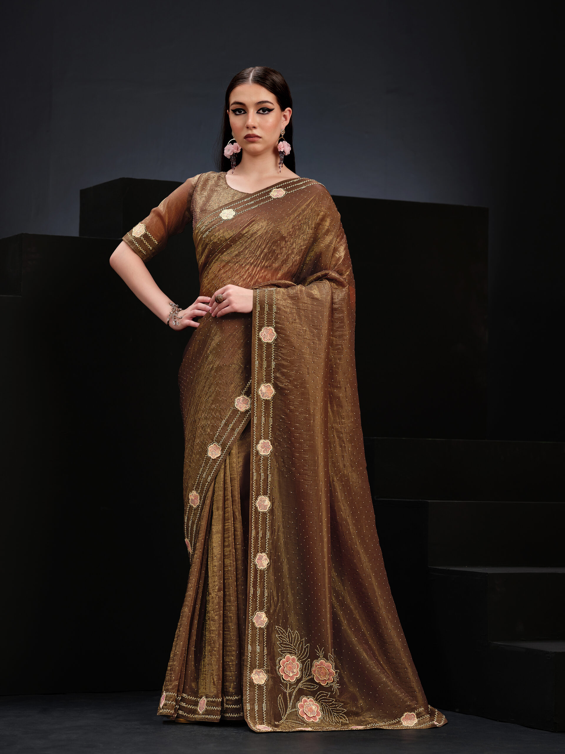 Brown - Major Brown Saree with Golden Stone Border and Flower – A Timeless Statement of Elegance
