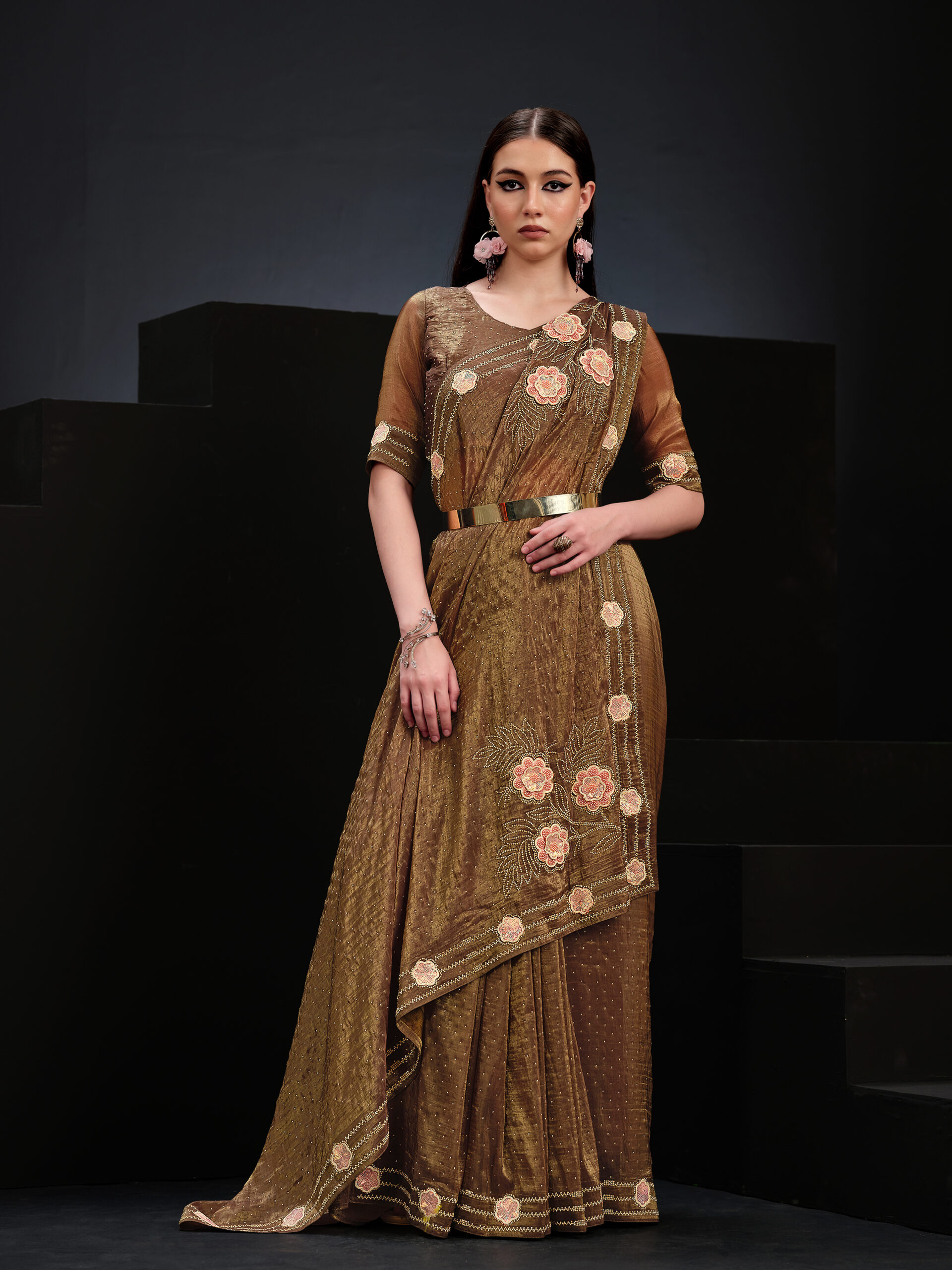 Brown - Major Brown Saree with Golden Stone Border and Flower – A Timeless Statement of Elegance