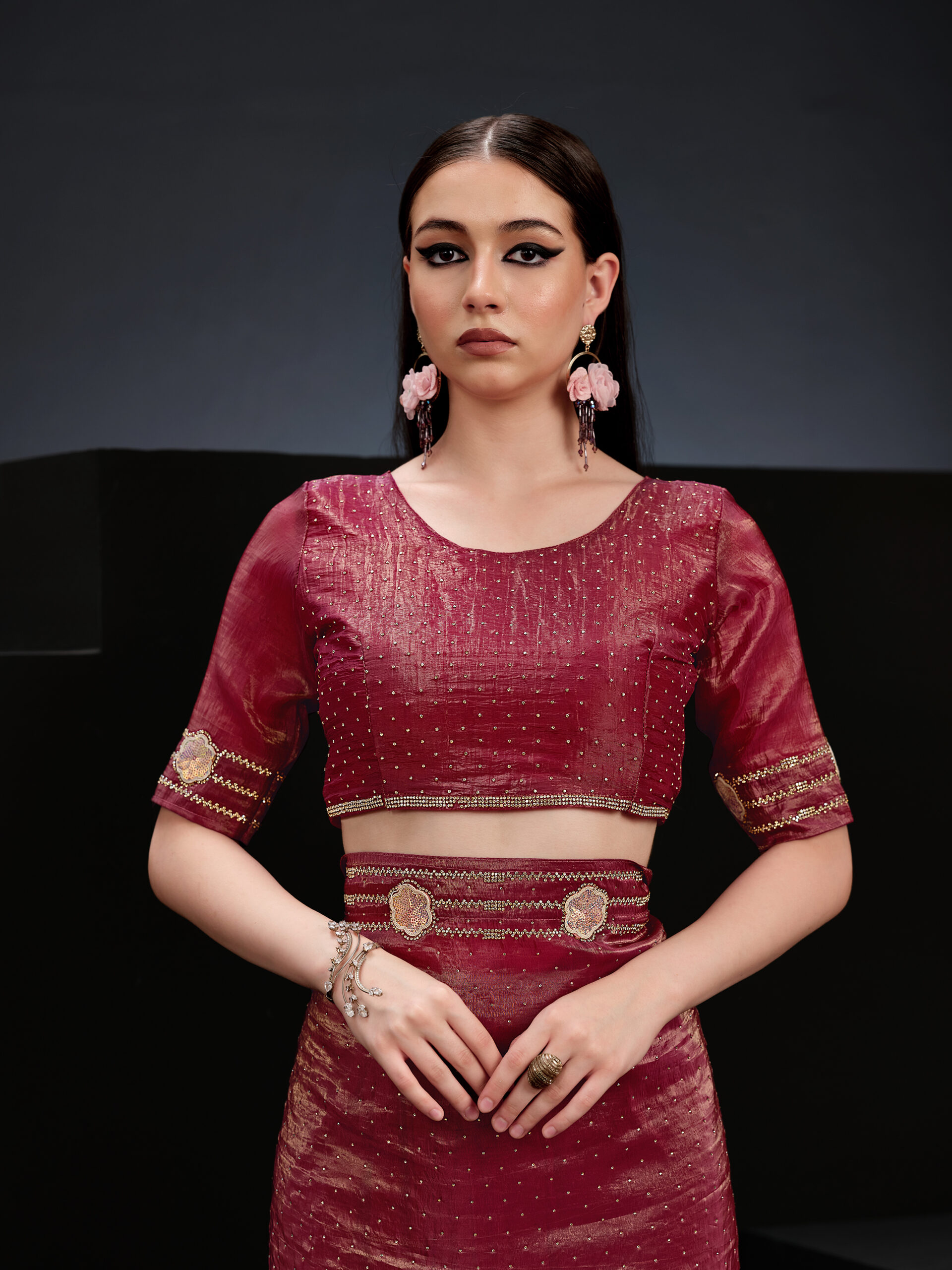 Red - Fuchsia Saree with Golden Stone Border and Flower – A Vibrant Fusion of Elegance and Luxury