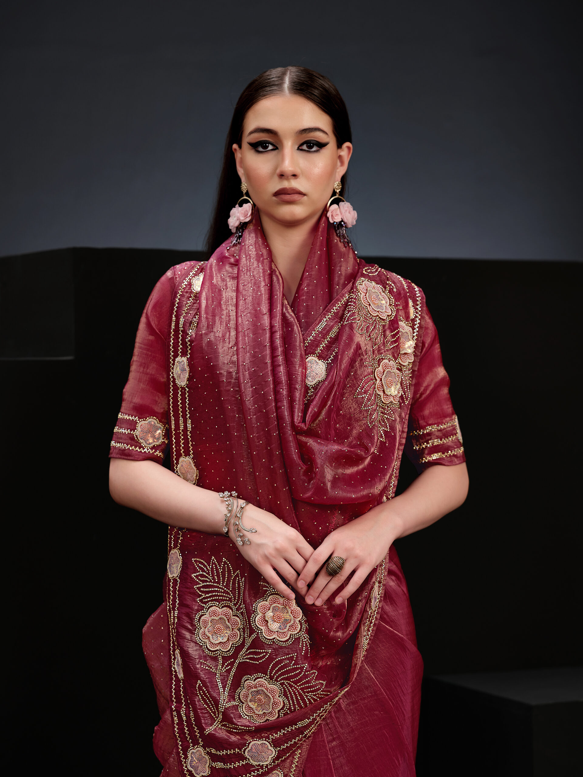 Red - Fuchsia Saree with Golden Stone Border and Flower – A Vibrant Fusion of Elegance and Luxury