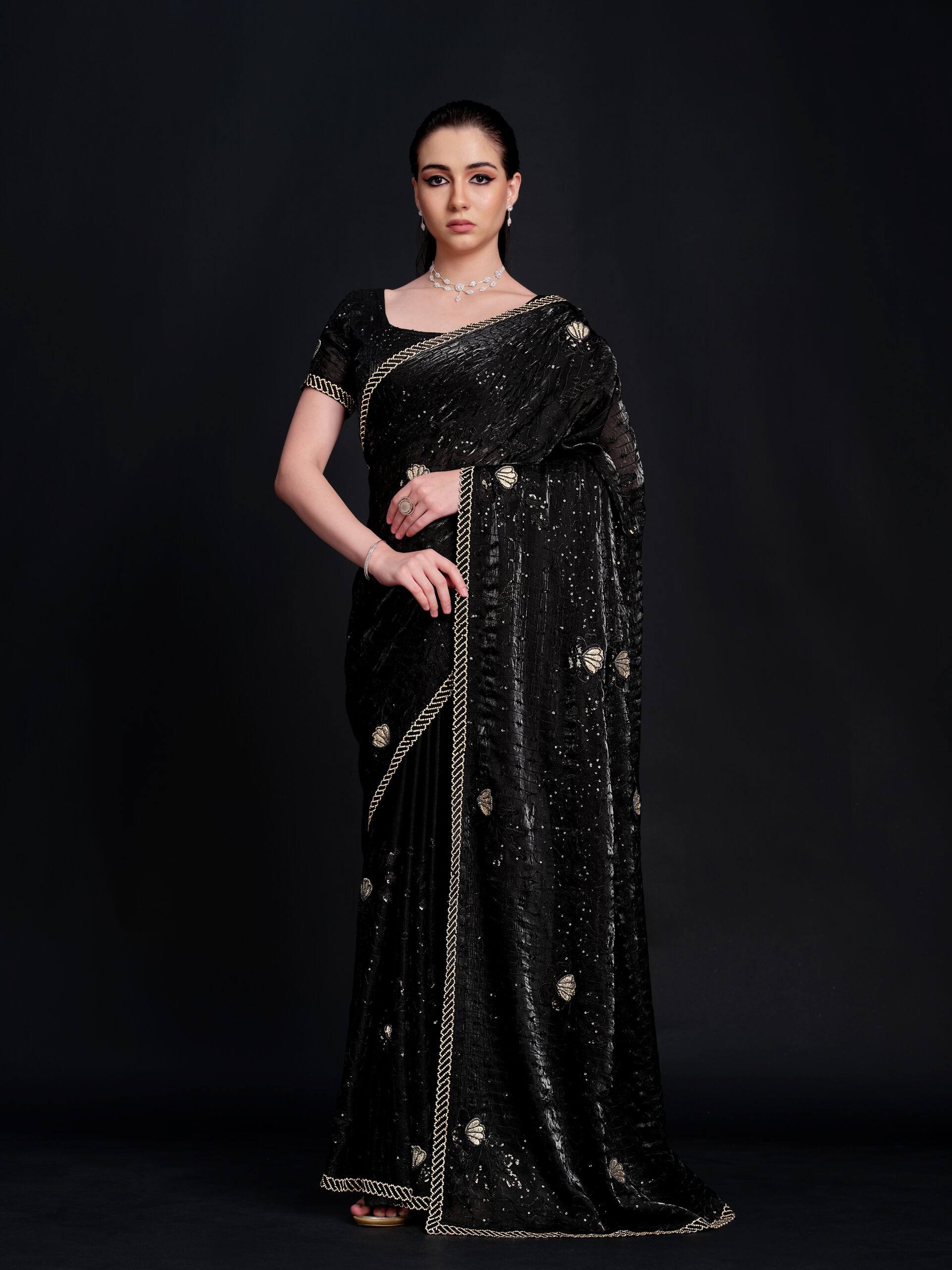 Black - Black Saree with Golden Stone Border and All-Over Embroidery – 