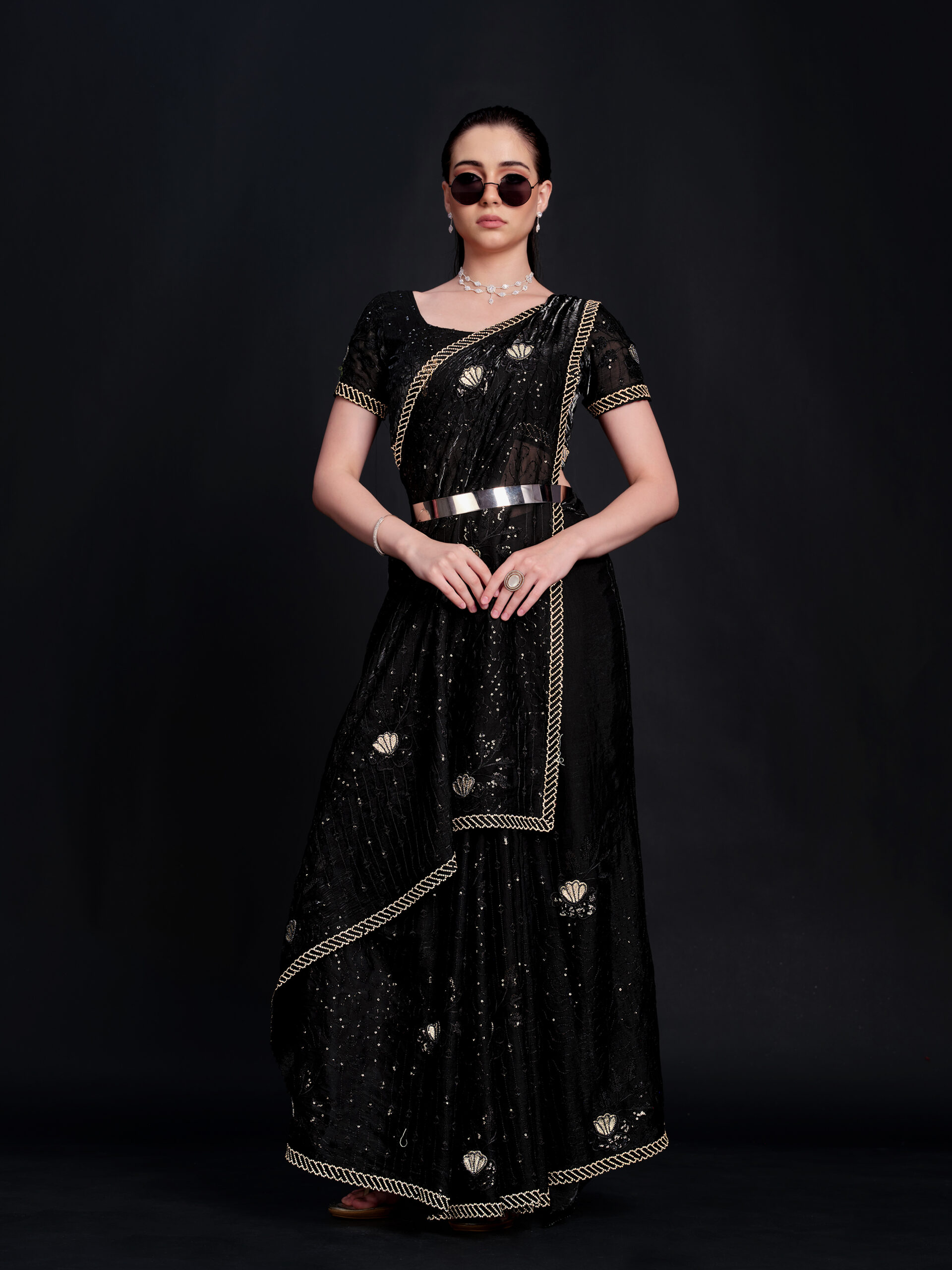 Black - Black Saree with Golden Stone Border and All-Over Embroidery – 