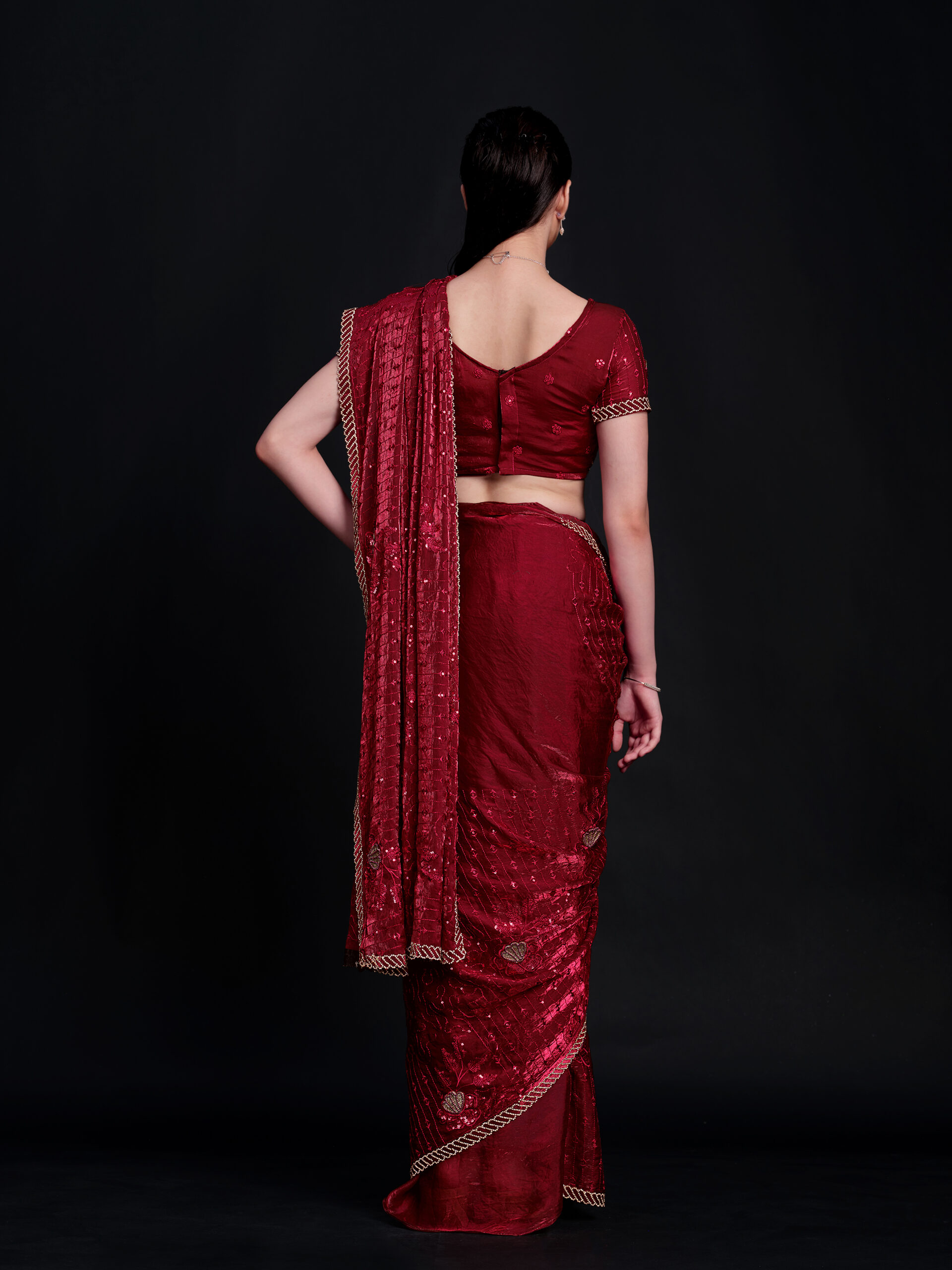 Maroon - Zinfandel Saree with Golden Border and All-Over Embroidery – A Rich Fusion of Tradition and Opulence