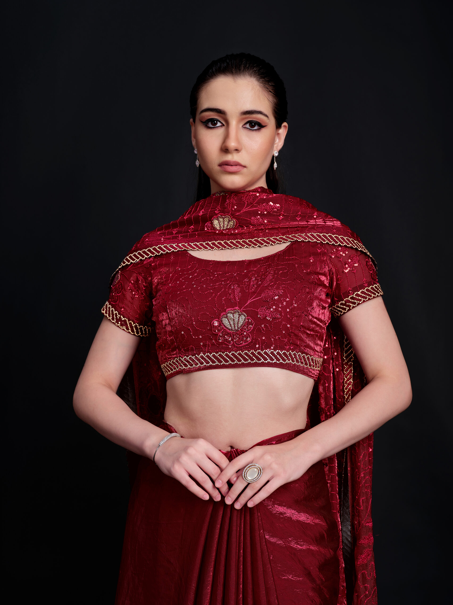 Maroon - Zinfandel Saree with Golden Border and All-Over Embroidery – A Rich Fusion of Tradition and Opulence