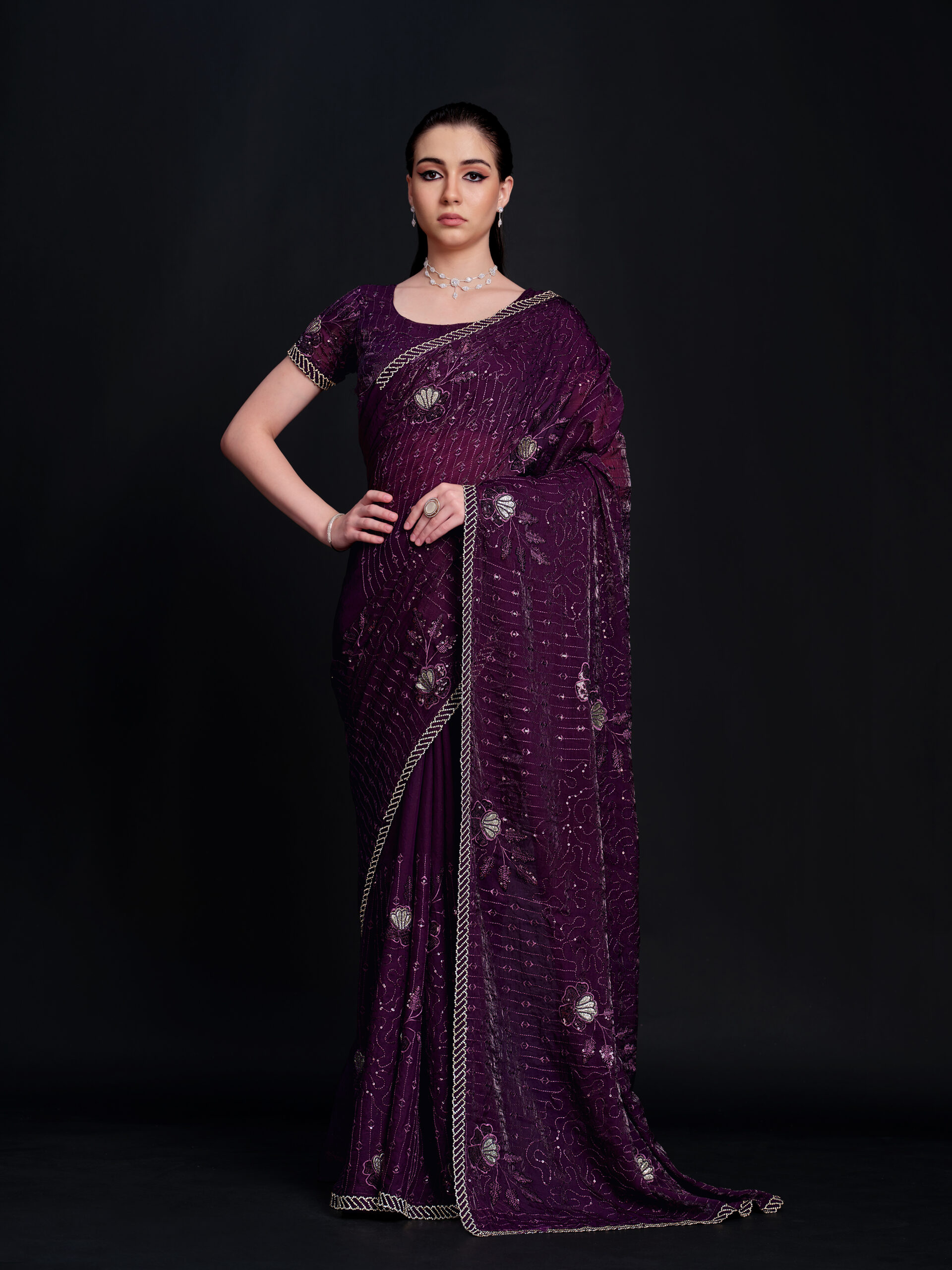 Purple - Gothic Grape Saree with Golden Stone and All-Over Embroidery – 
