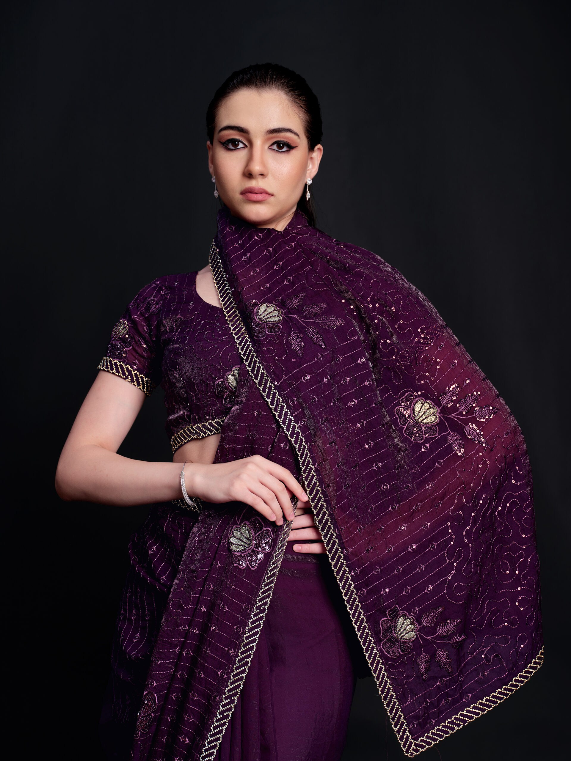 Purple - Gothic Grape Saree with Golden Stone and All-Over Embroidery – 