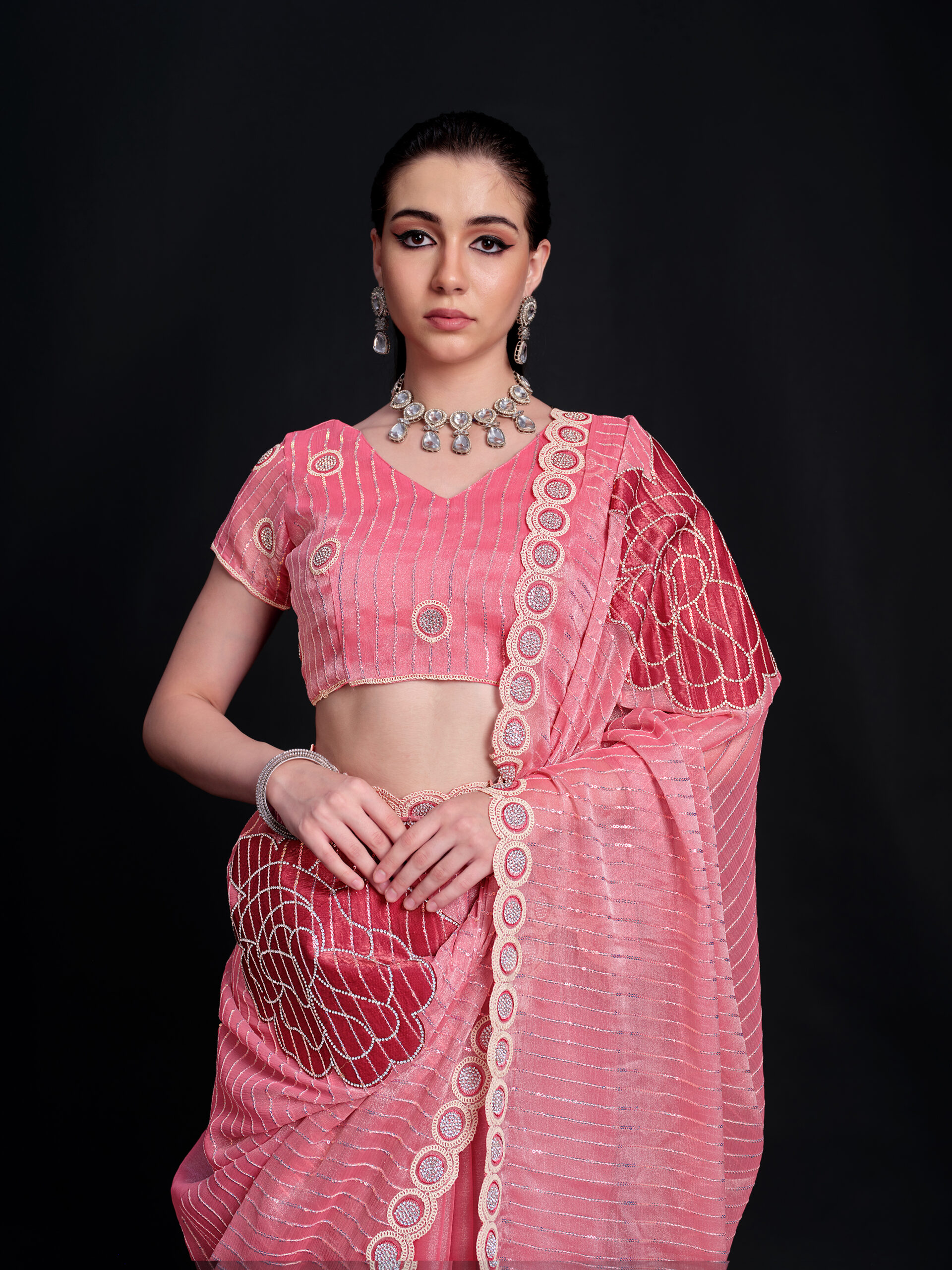 Pink - Brandied Apricot Saree with Silver Sequence – 