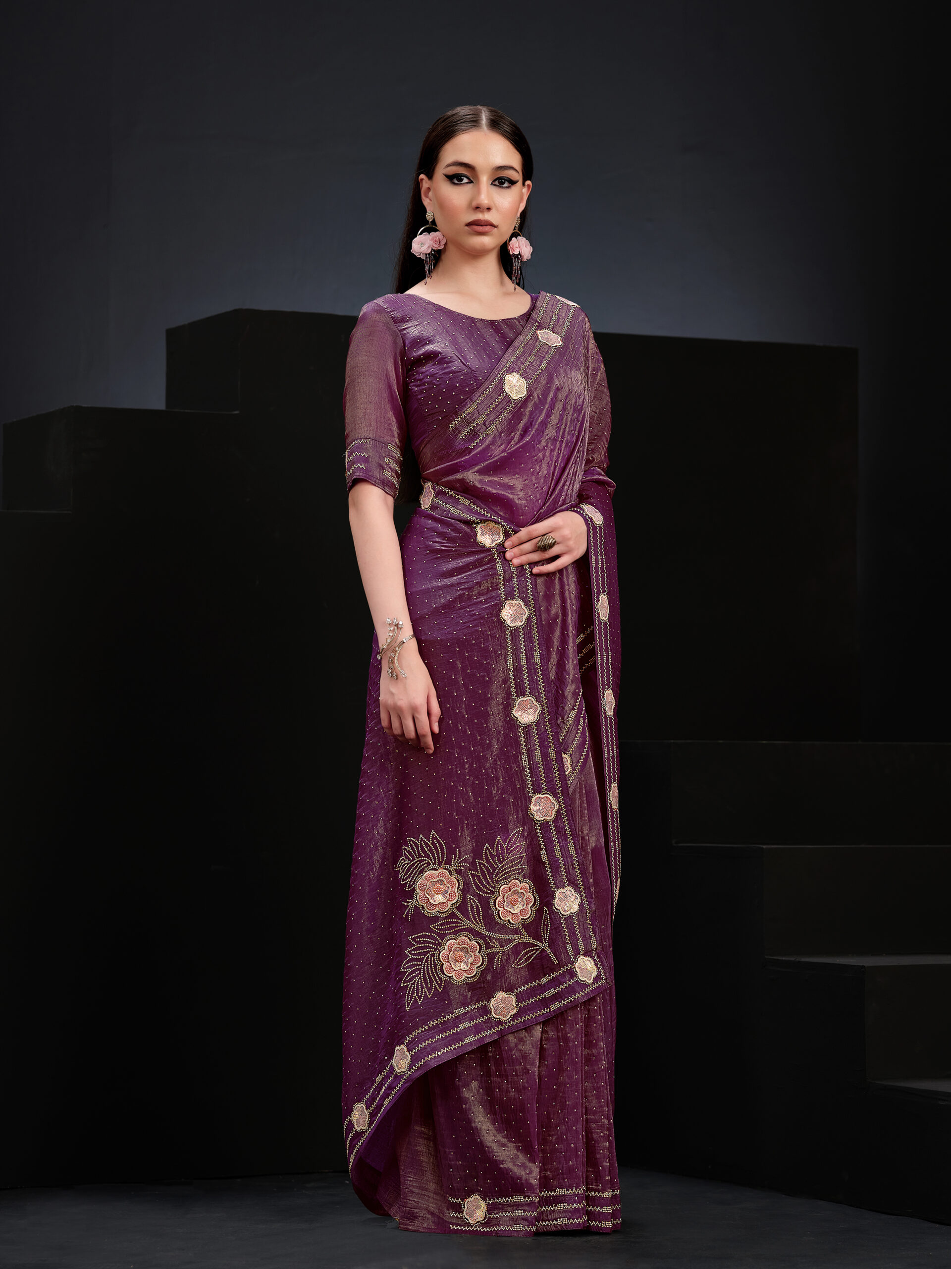 Purple - Mulberry Purple Saree with Golden Border and Flower – A Royal Touch of Elegance
