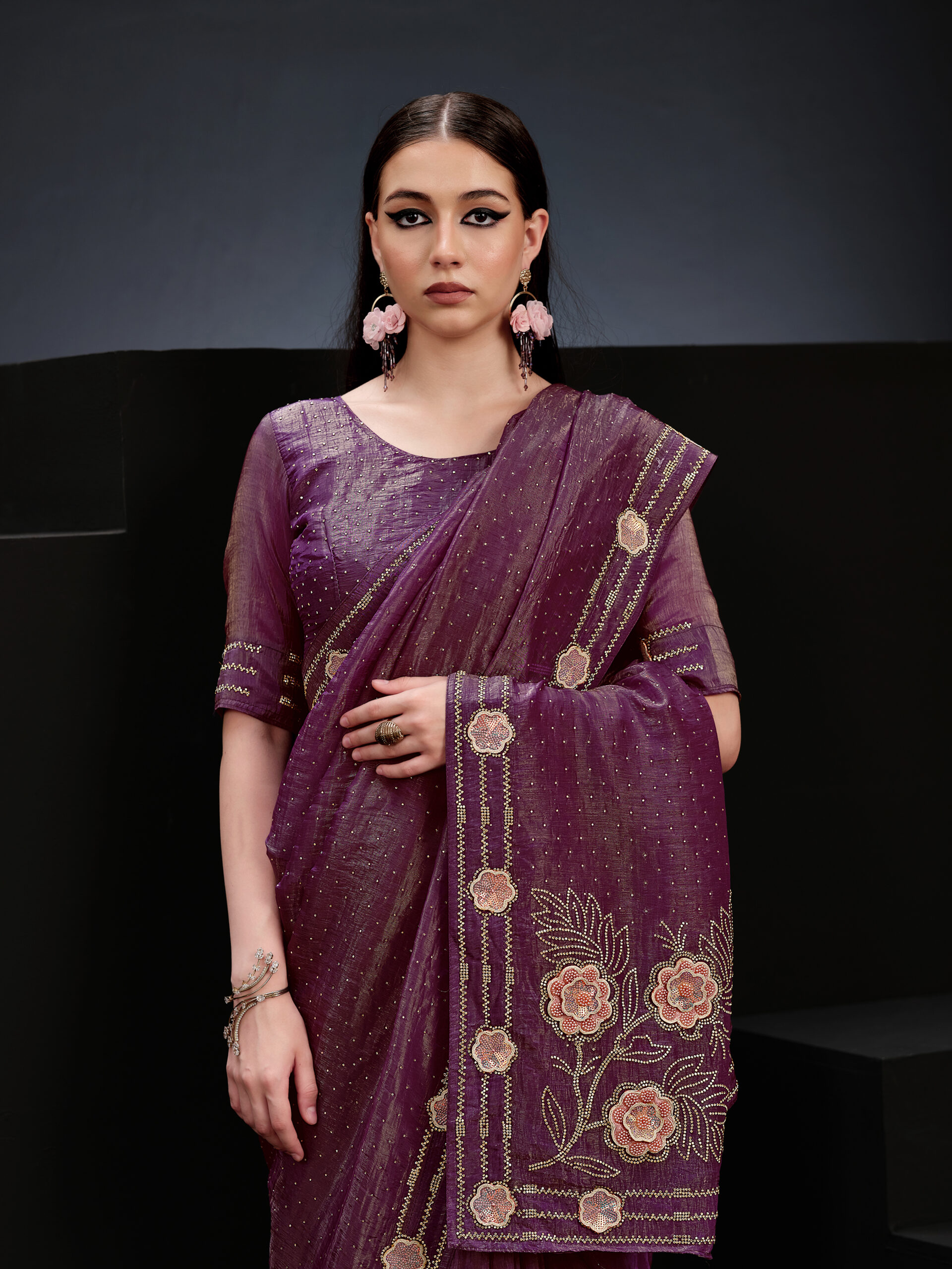 Purple - Mulberry Purple Saree with Golden Border and Flower – A Royal Touch of Elegance
