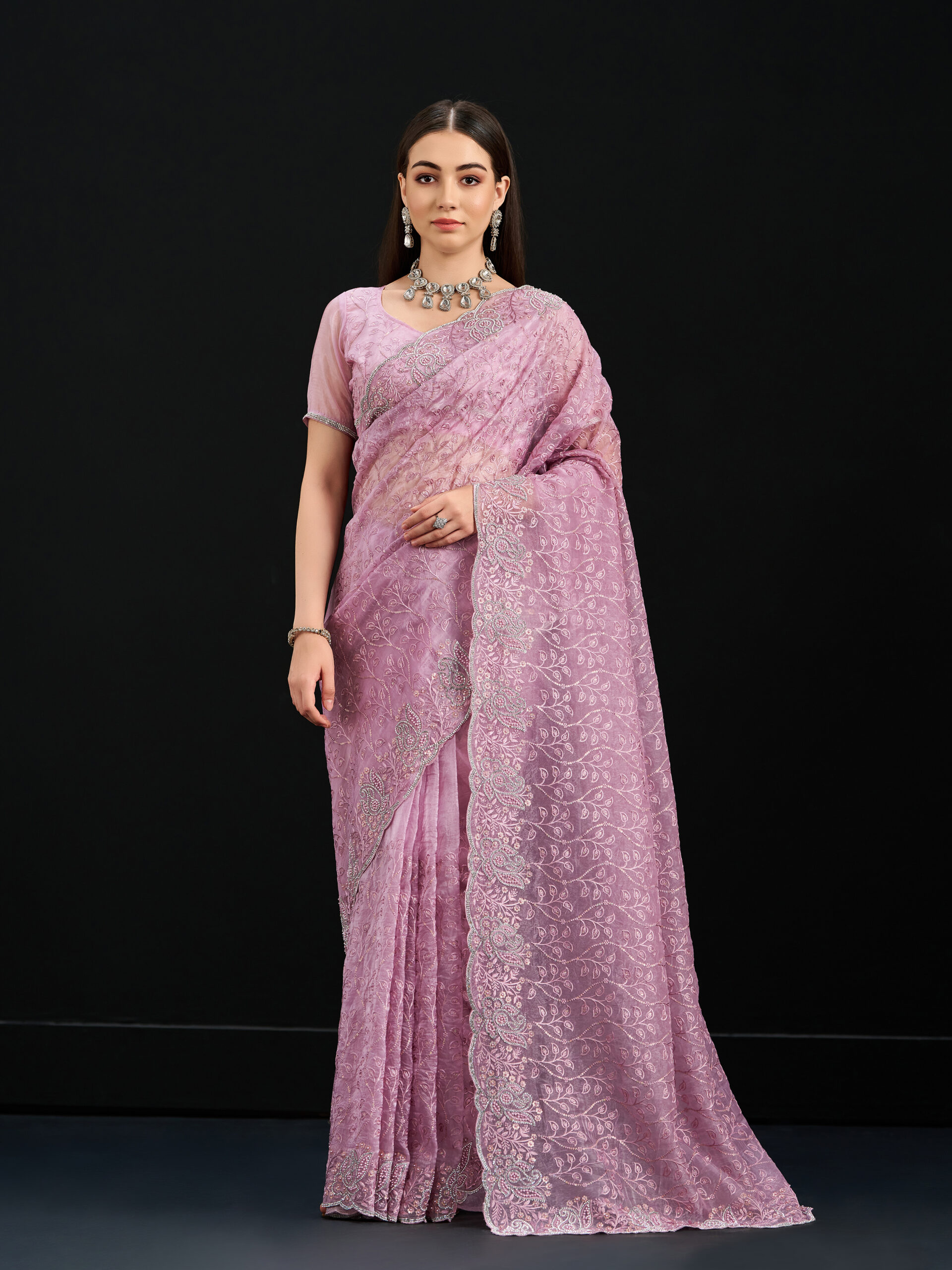 Pink - Tickled Pink Saree with Silver Stone Work and Embroidery on Tissue Silk