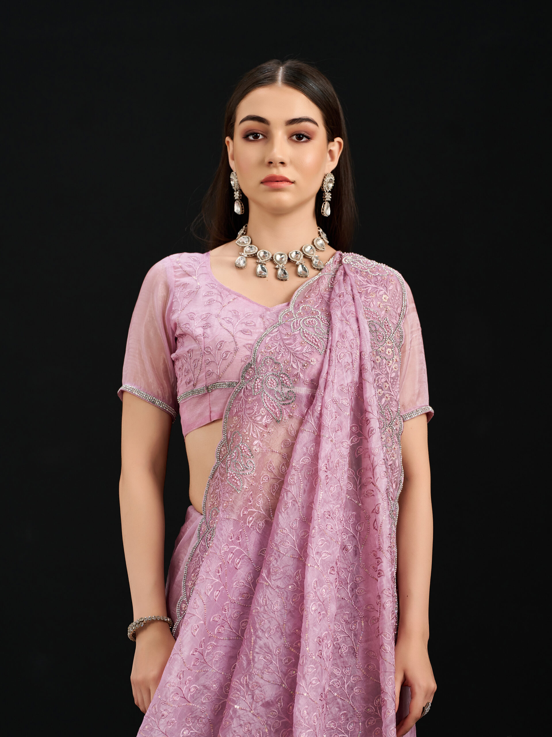 Pink - Tickled Pink Saree with Silver Stone Work and Embroidery on Tissue Silk