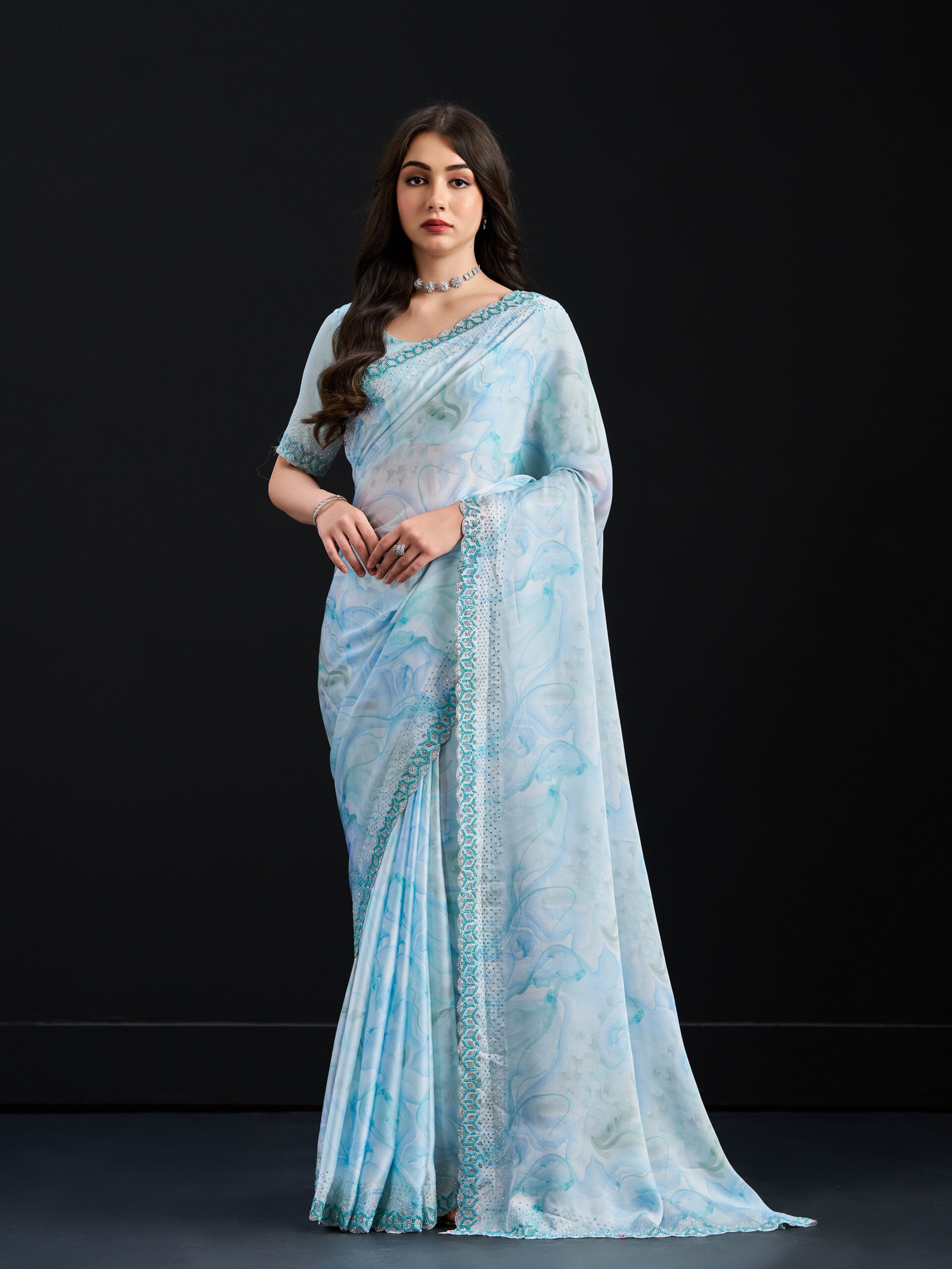 Sky - Brook Green Sky Saree with Fancy Border and Digital Print