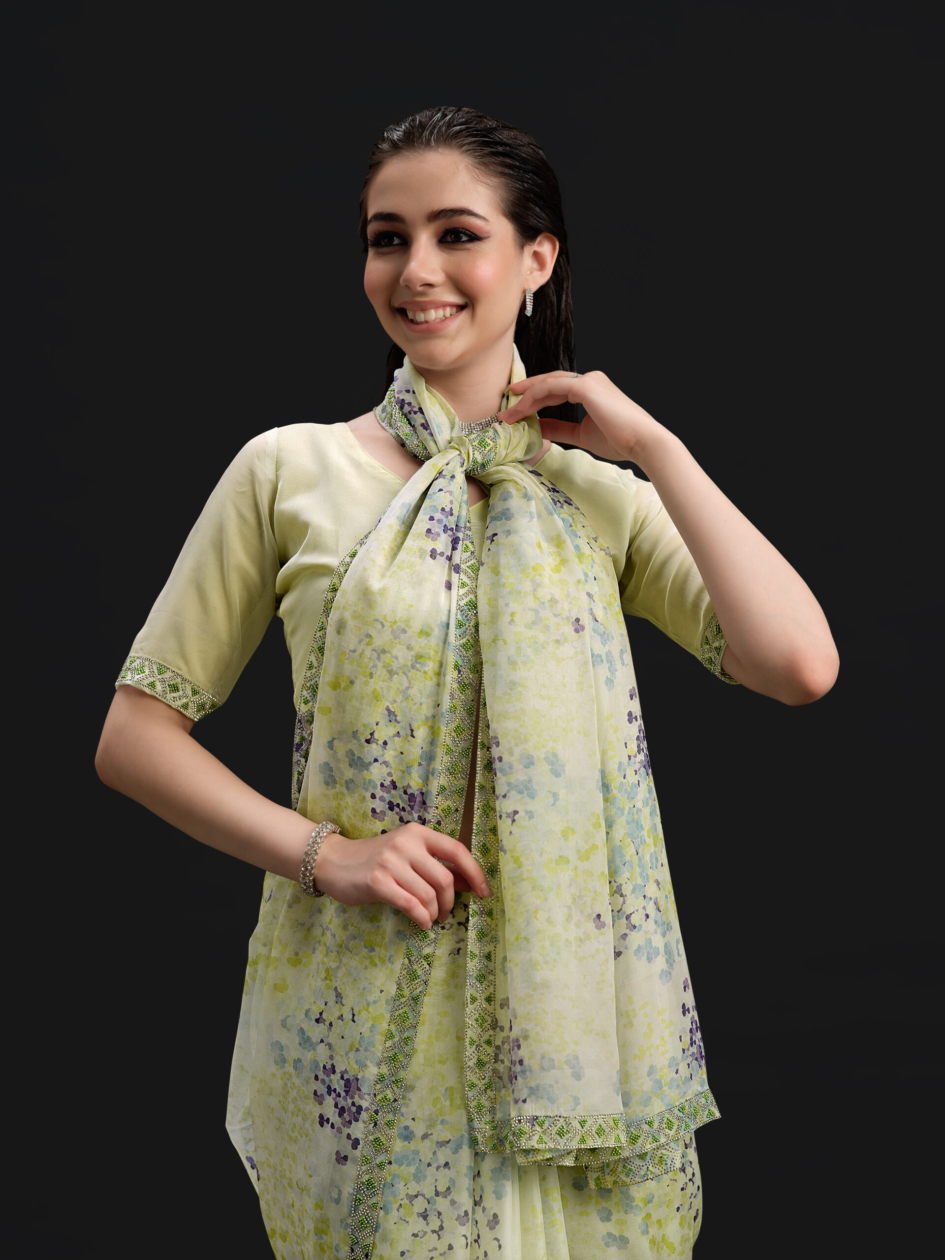 Lemon-Lime Green Saree with Fancy Border and Digital Print – 