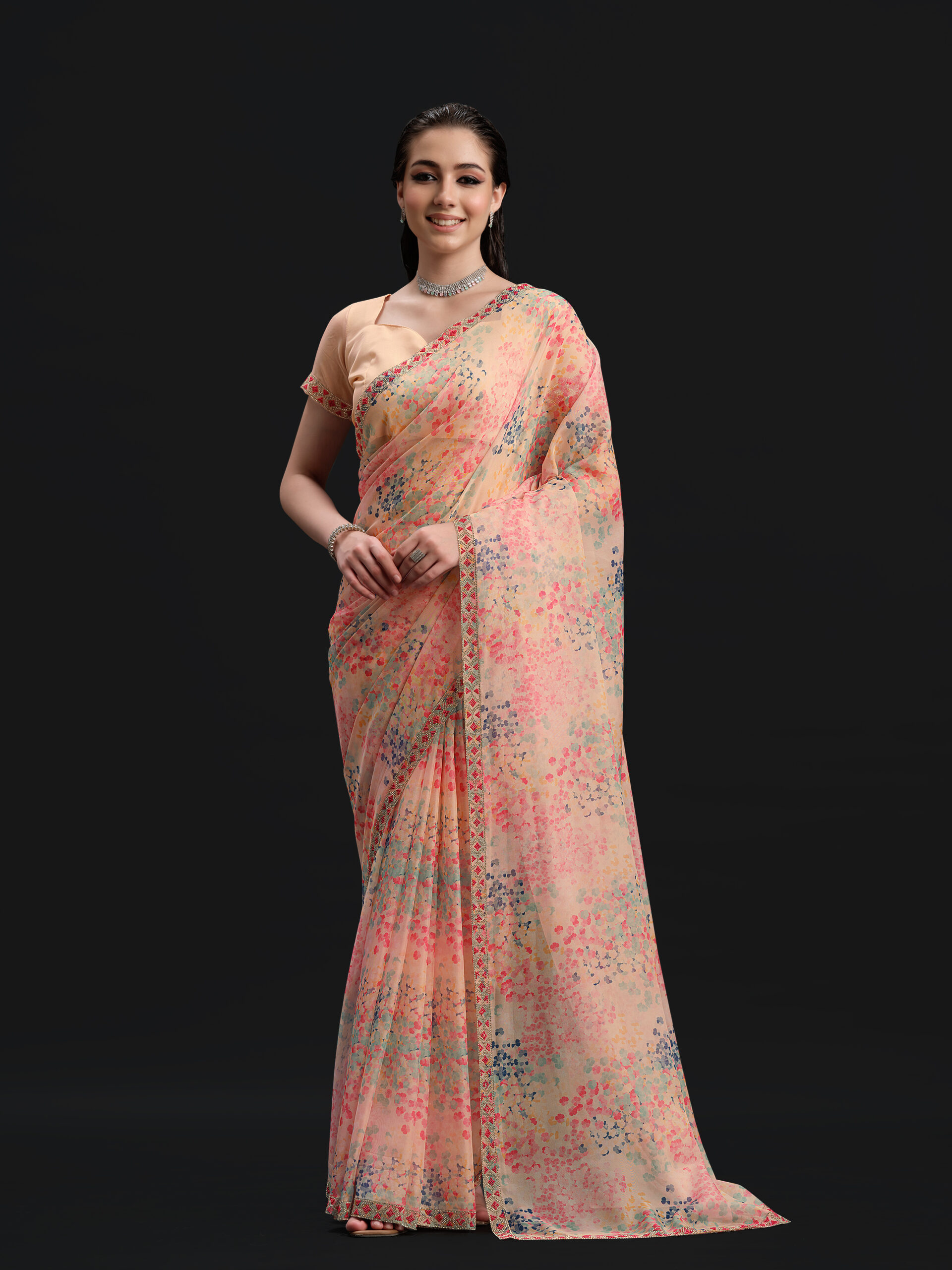 Peach - Pale Dogwood Saree with Fancy Border and Digital Print – 