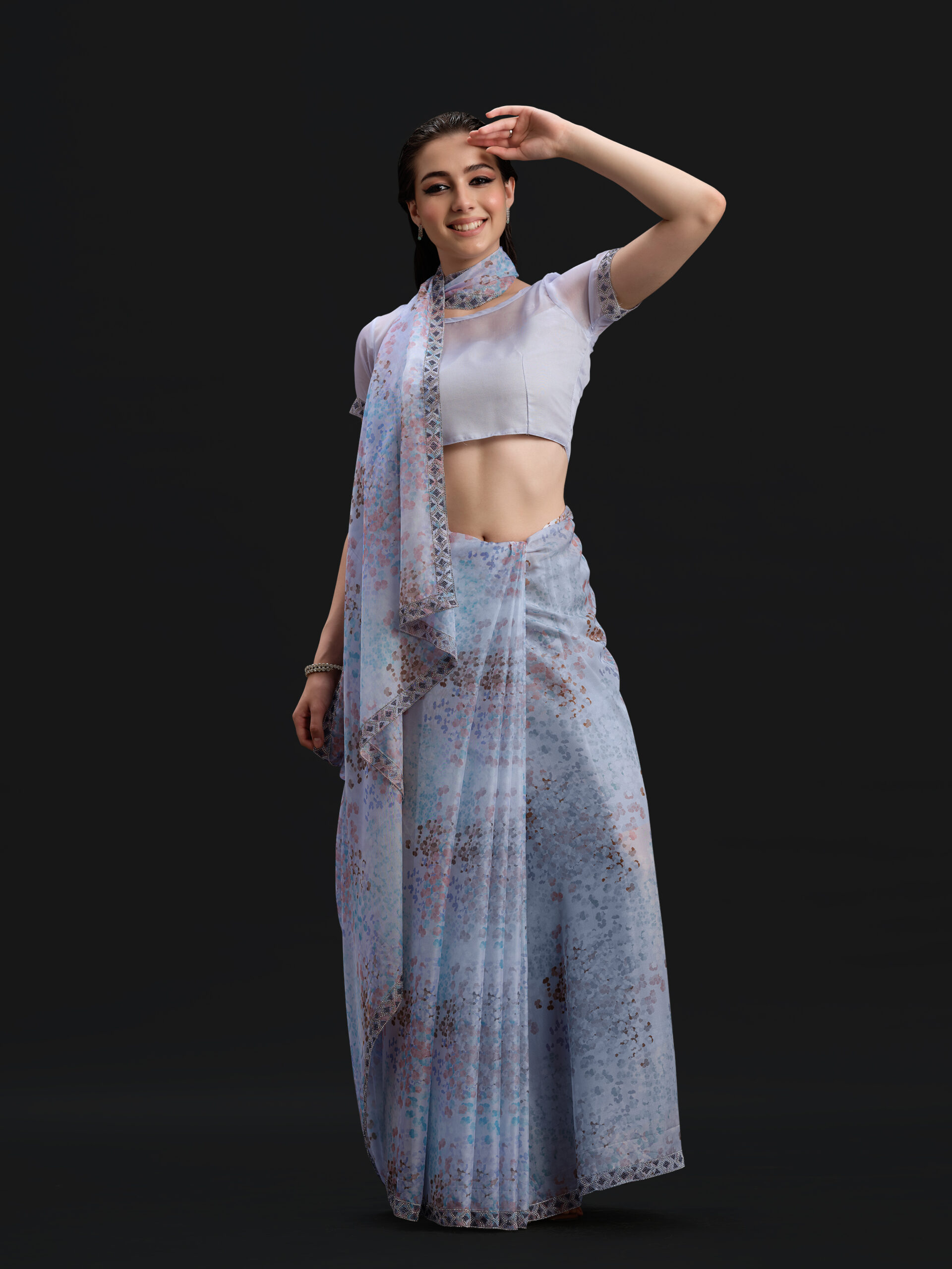 Sky - Squa Esque Saree with Fancy Border and Digital Print – 