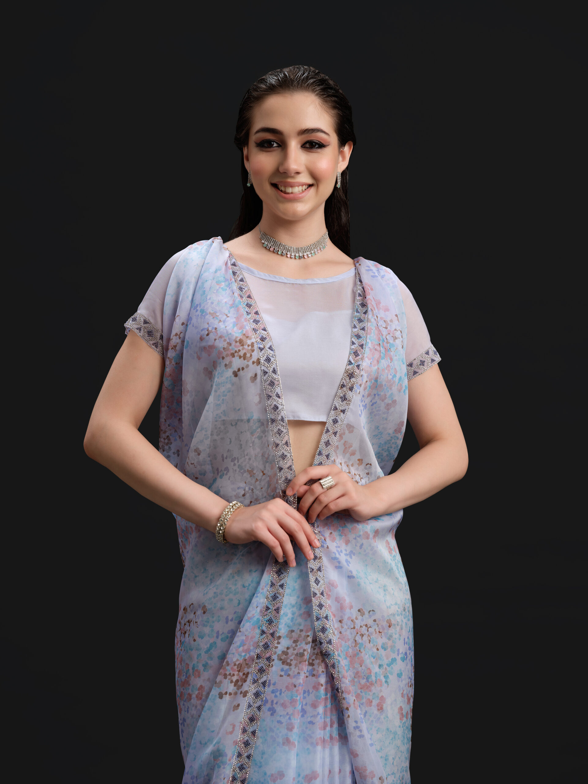 Sky - Squa Esque Saree with Fancy Border and Digital Print – 