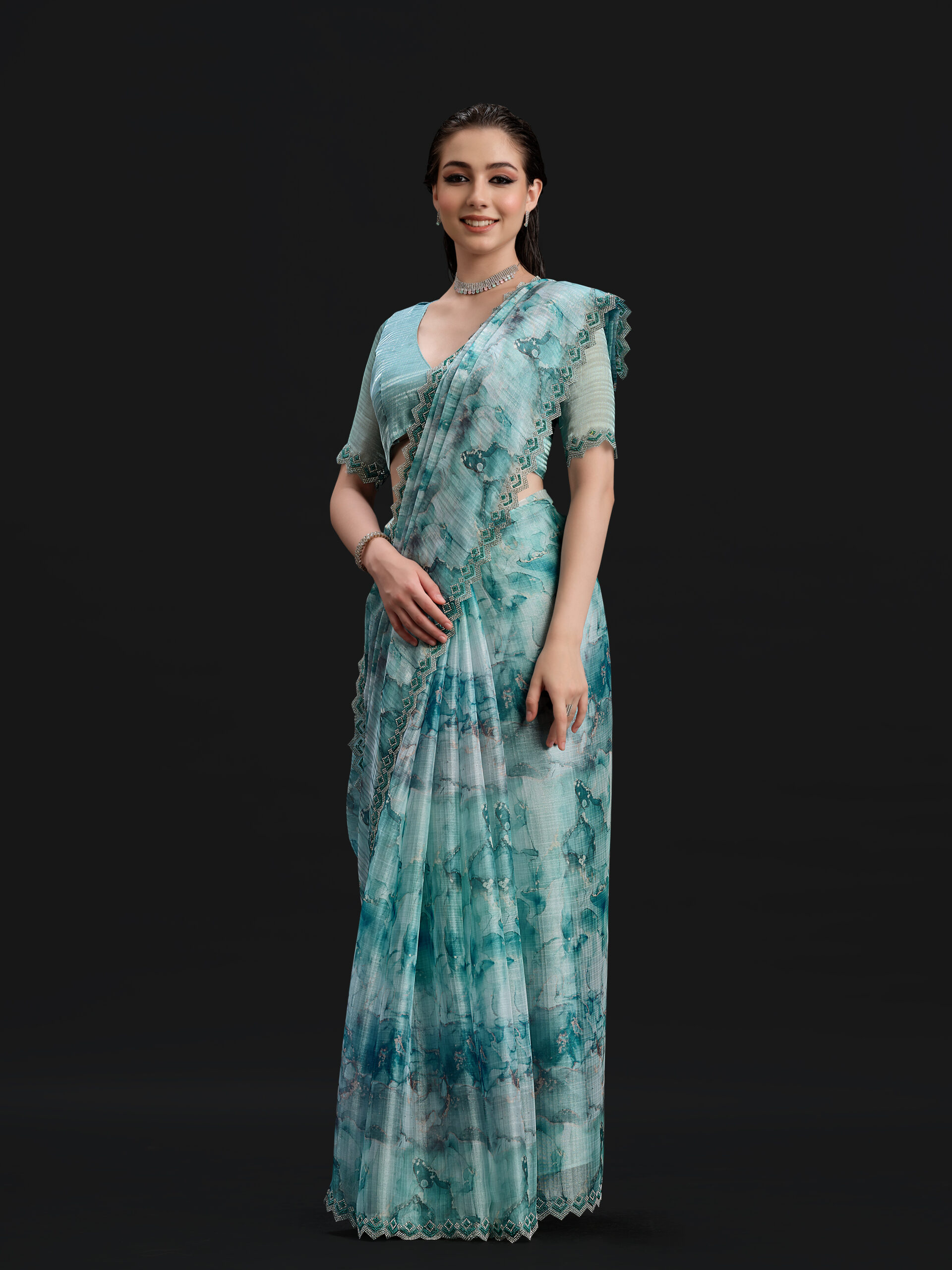 Firozi - Opal Blue Saree with Fancy Border and Digital Print – 