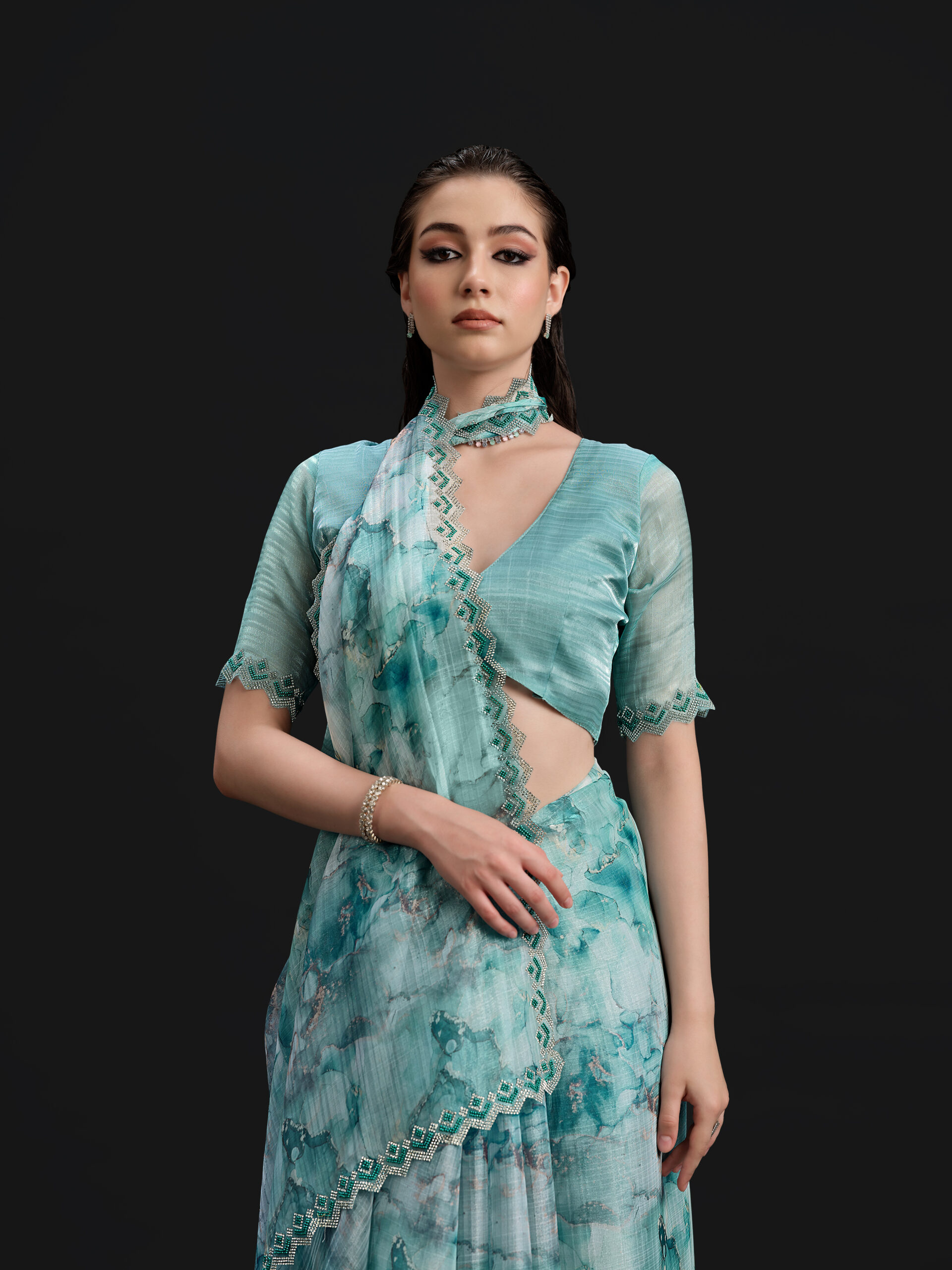 Firozi - Opal Blue Saree with Fancy Border and Digital Print – 