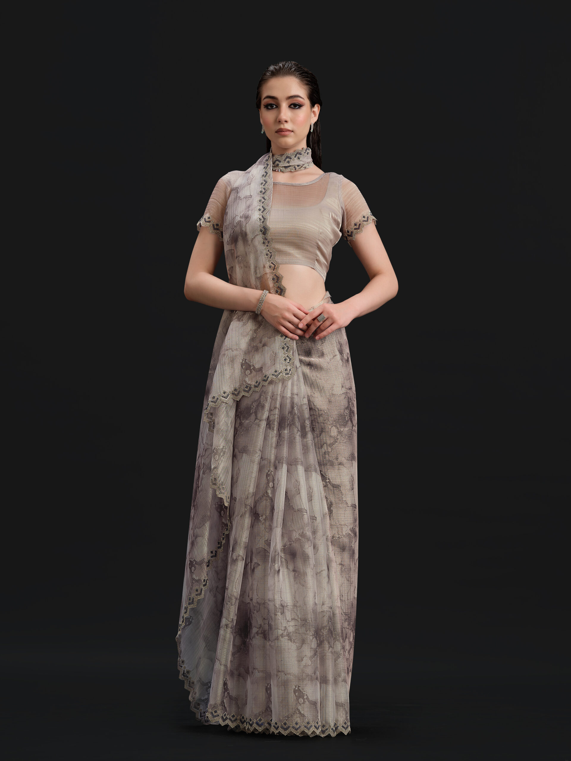Gray - Oyster Mushroom Saree with Fancy Border and Digital Print – A Chic Blend of Subtle Elegance and Contemporary Style