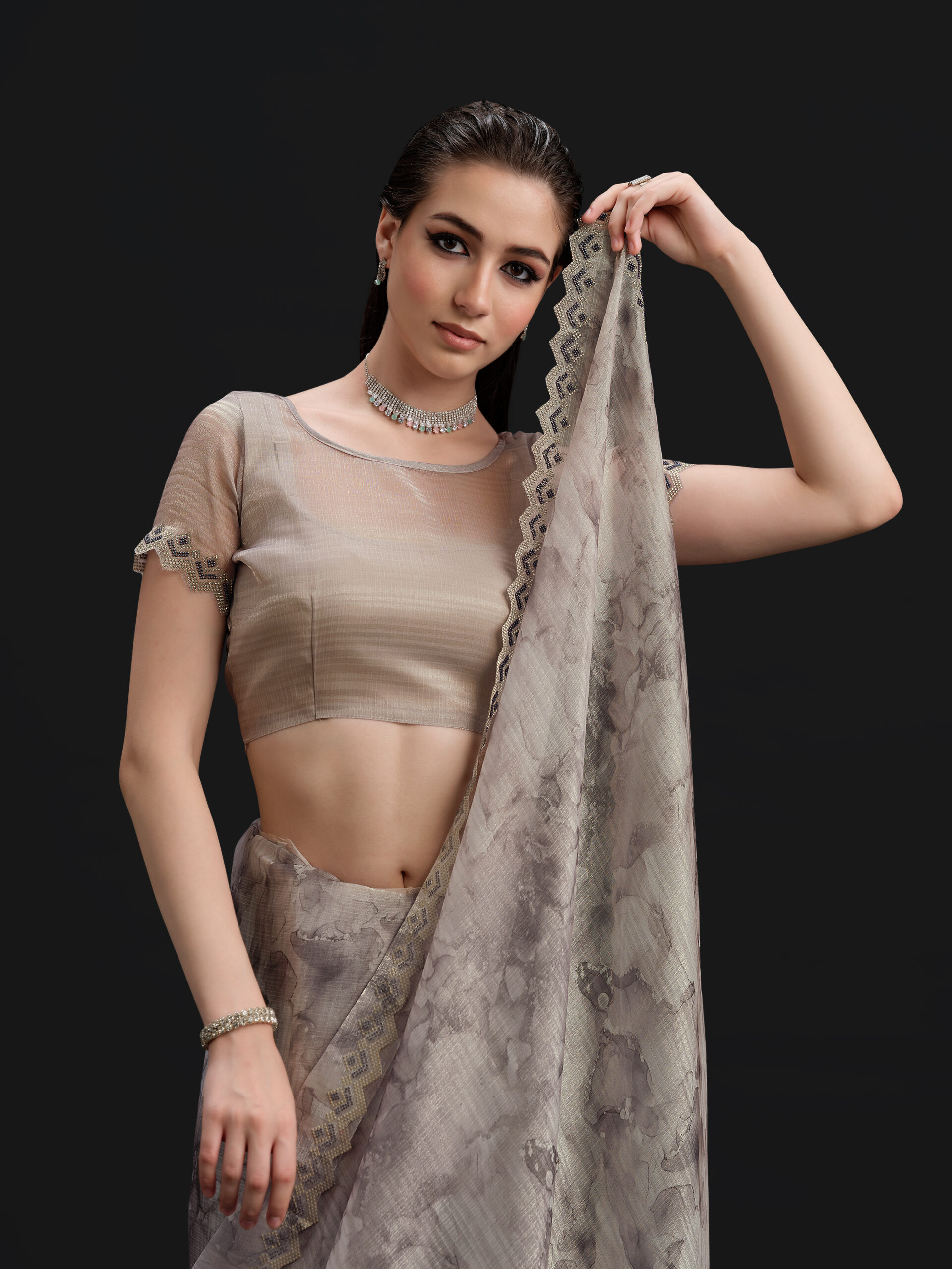 Gray - Oyster Mushroom Saree with Fancy Border and Digital Print – A Chic Blend of Subtle Elegance and Contemporary Style