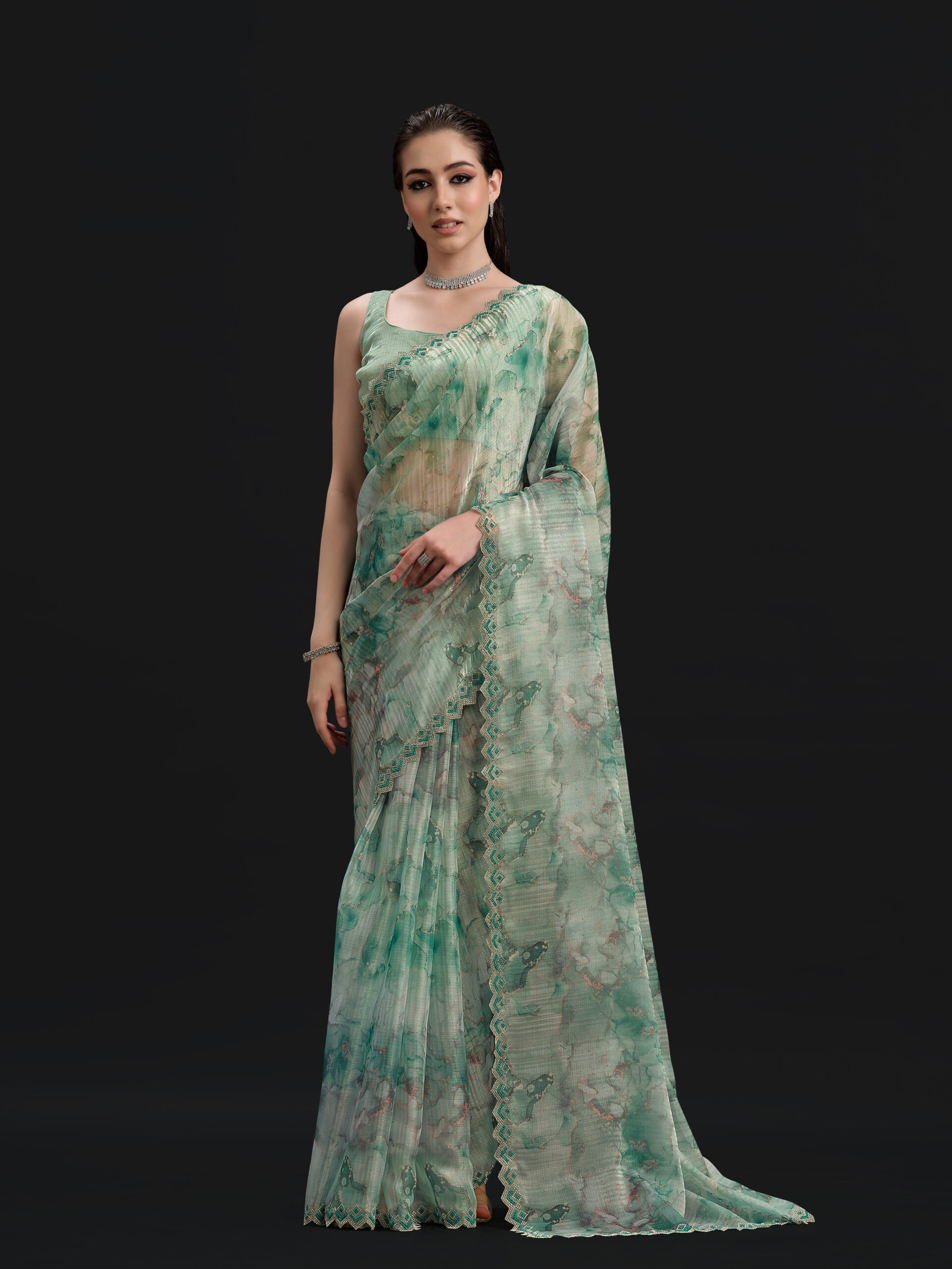 Green - Aqua Glass Saree with Fancy Border and Digital Print – 