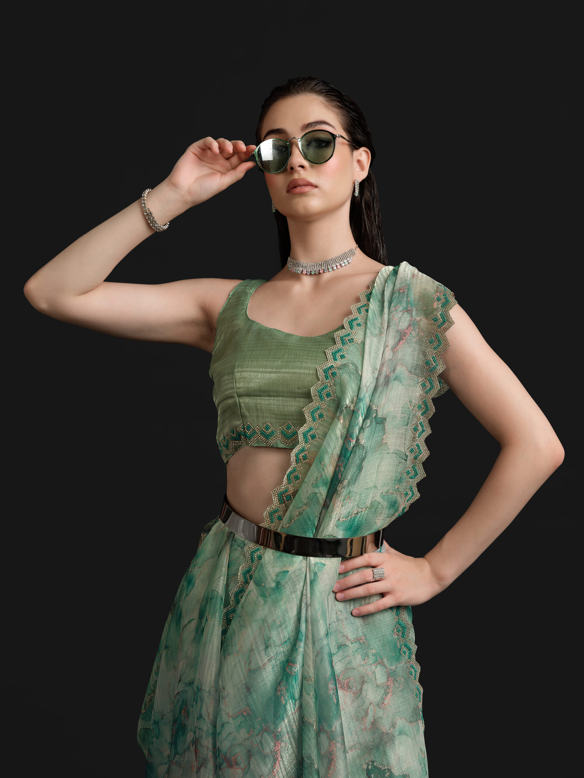 Green - Aqua Glass Saree with Fancy Border and Digital Print – 
