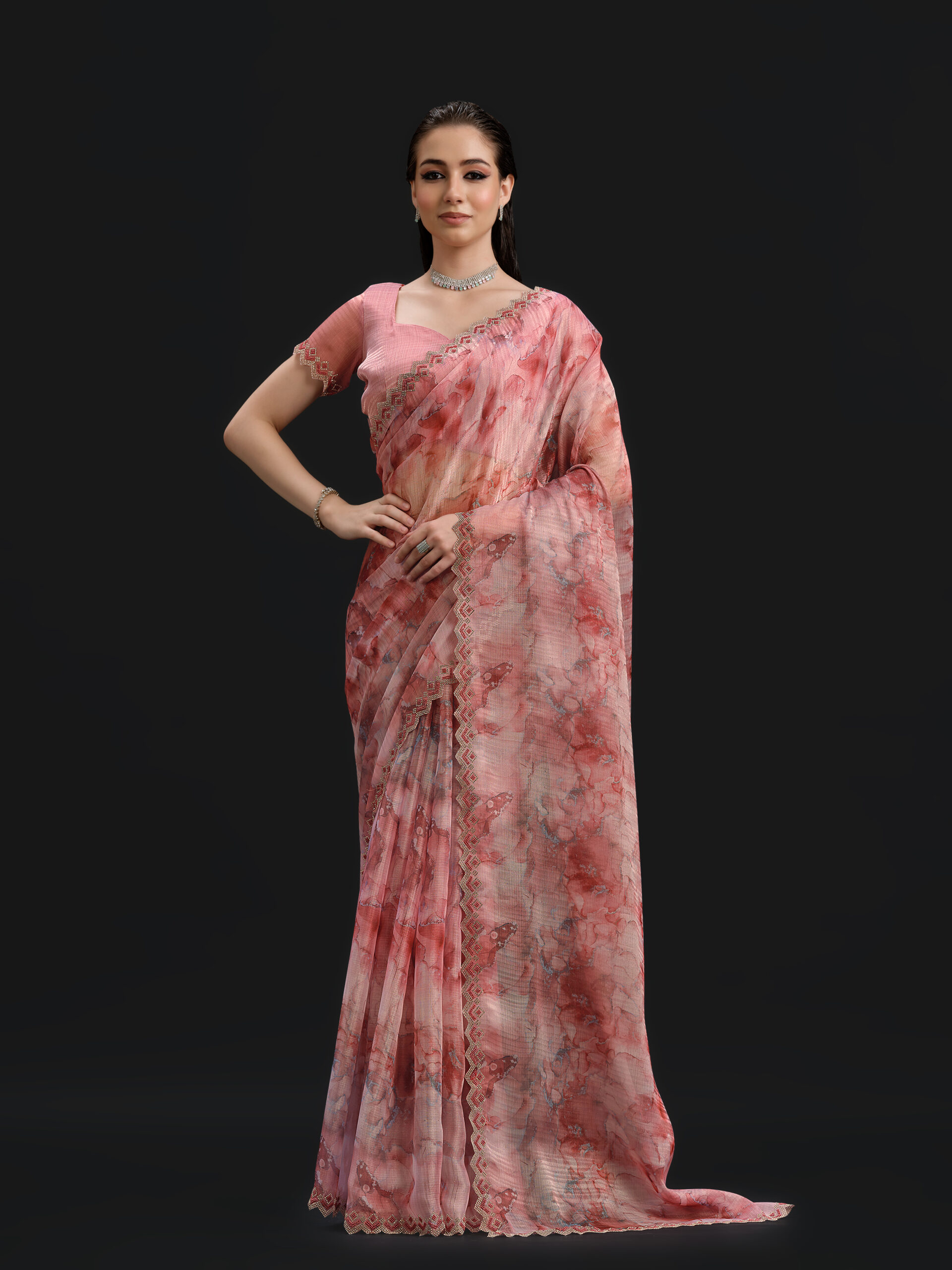 Peach - Rose Quartz Saree with Fancy Border and Digital Print – 