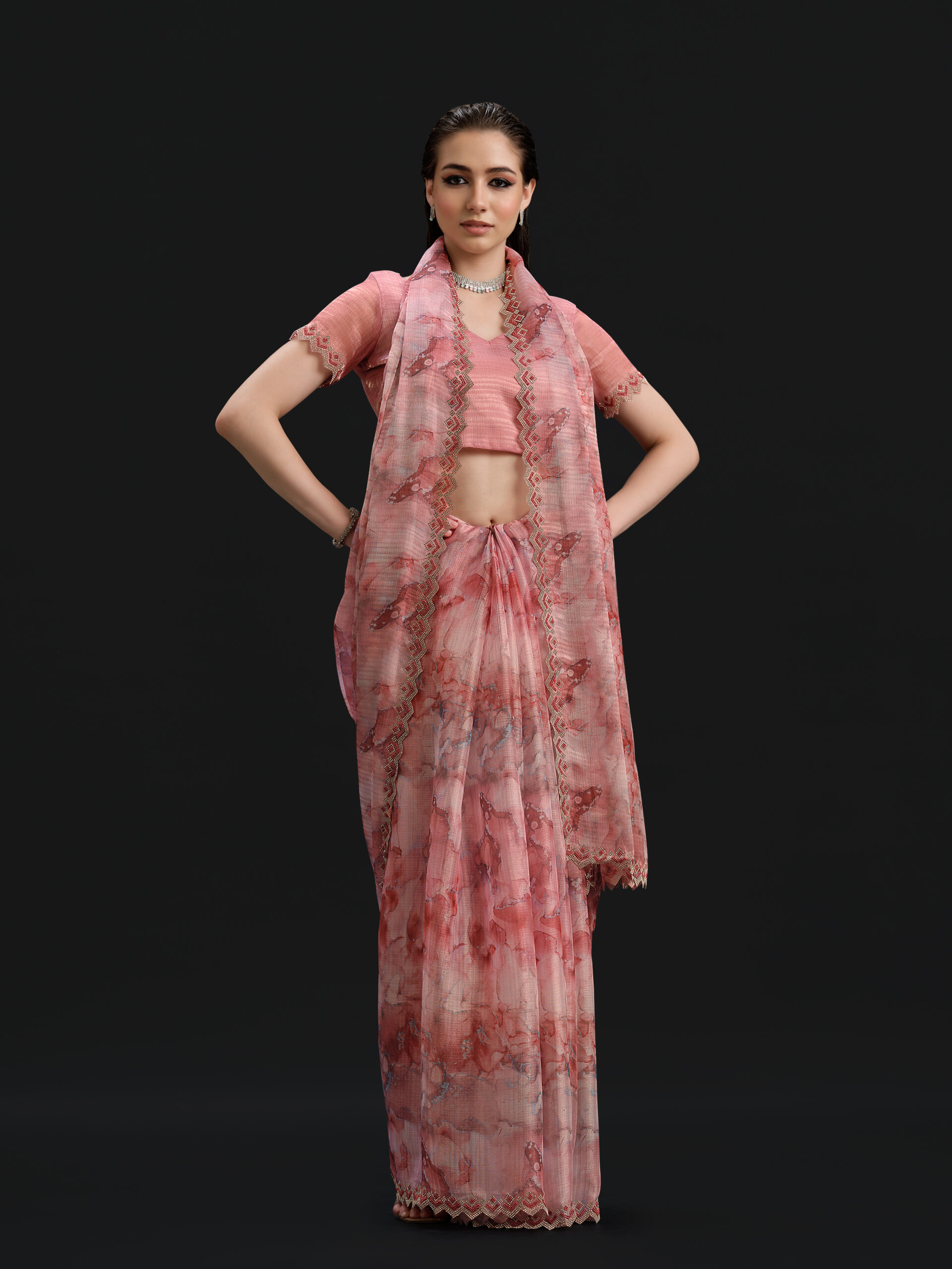 Peach - Rose Quartz Saree with Fancy Border and Digital Print – 