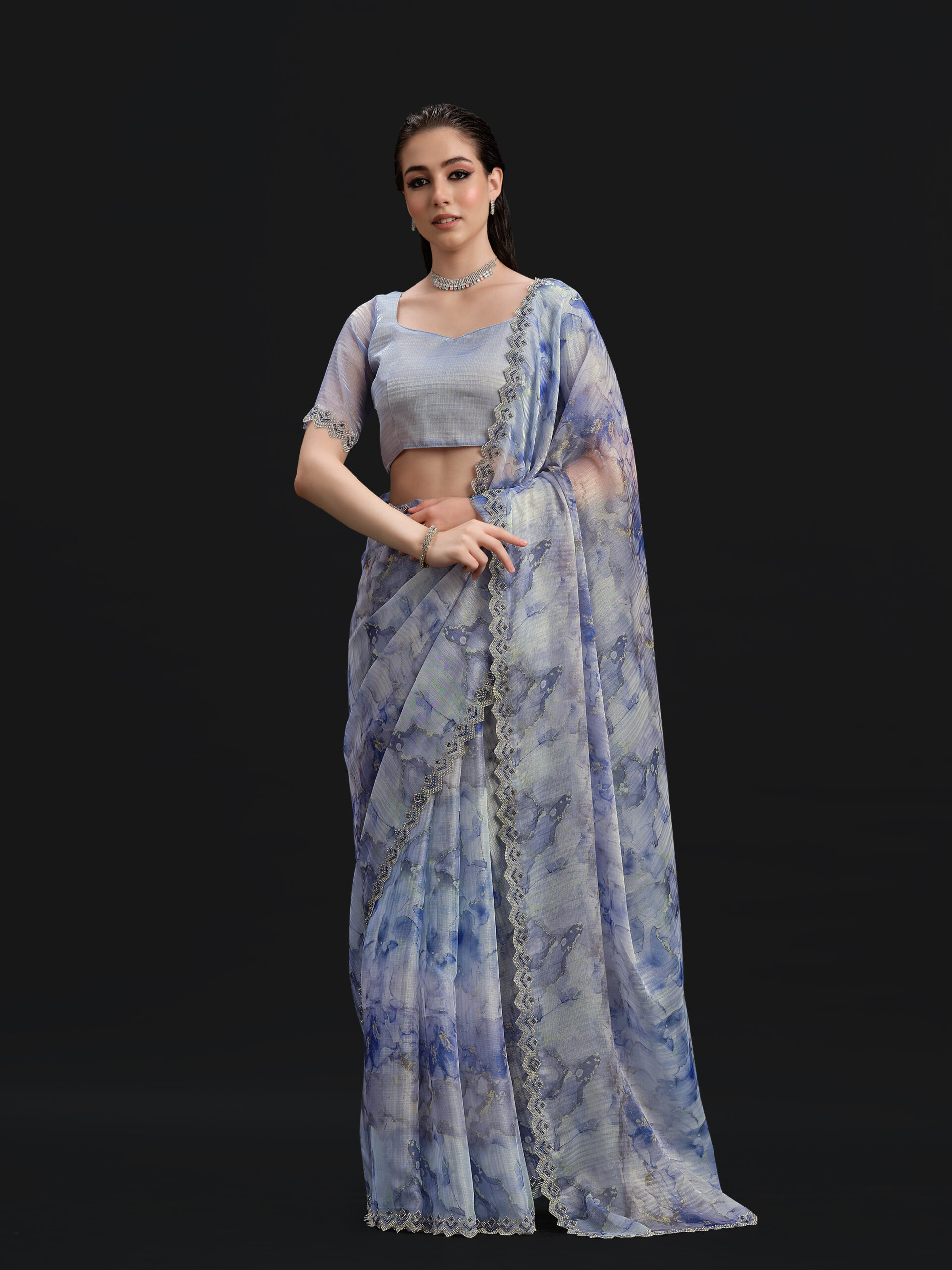 Sky - Cerulean Saree with Fancy Border and Digital Print – 