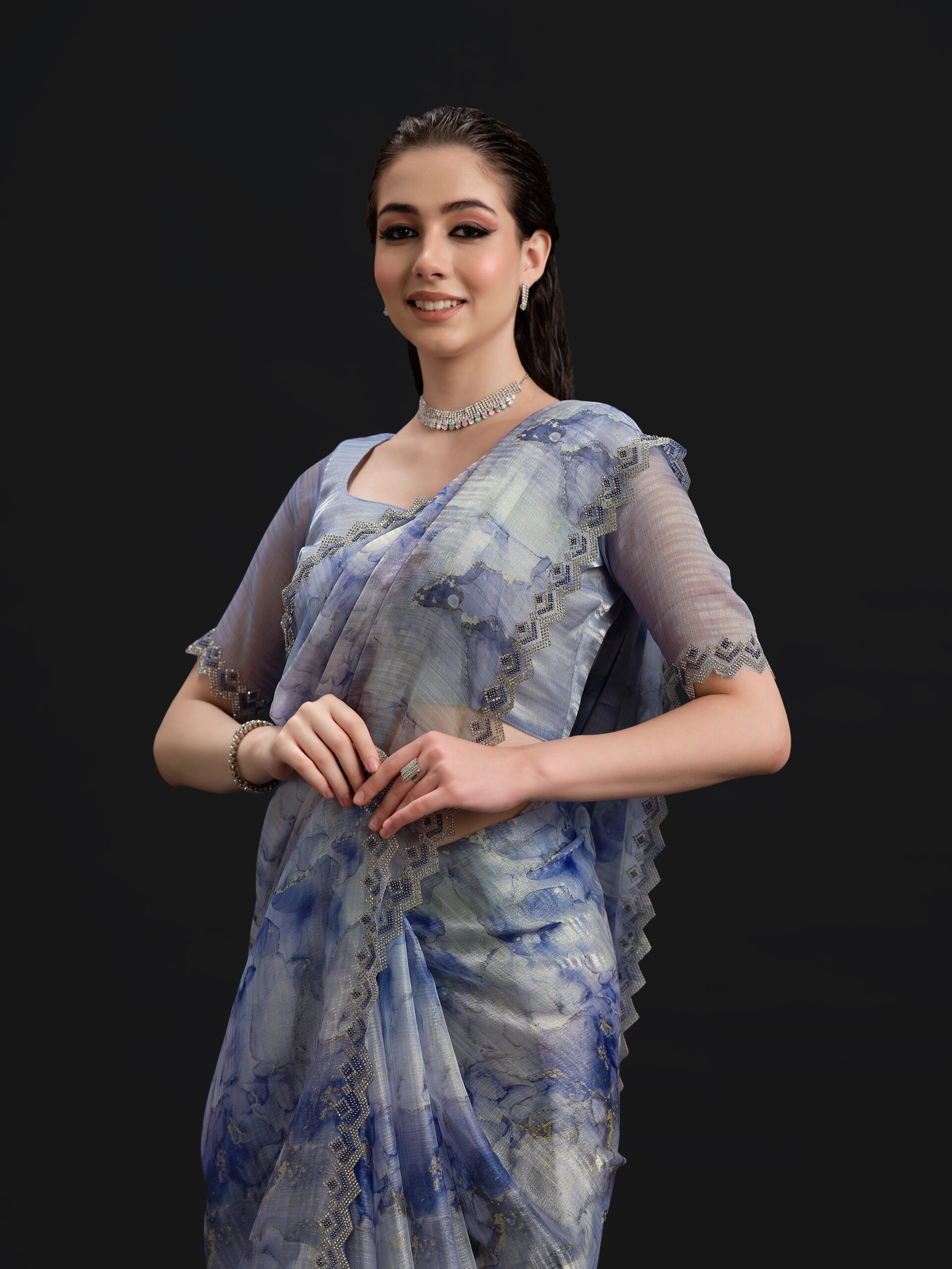 Sky - Cerulean Saree with Fancy Border and Digital Print – 