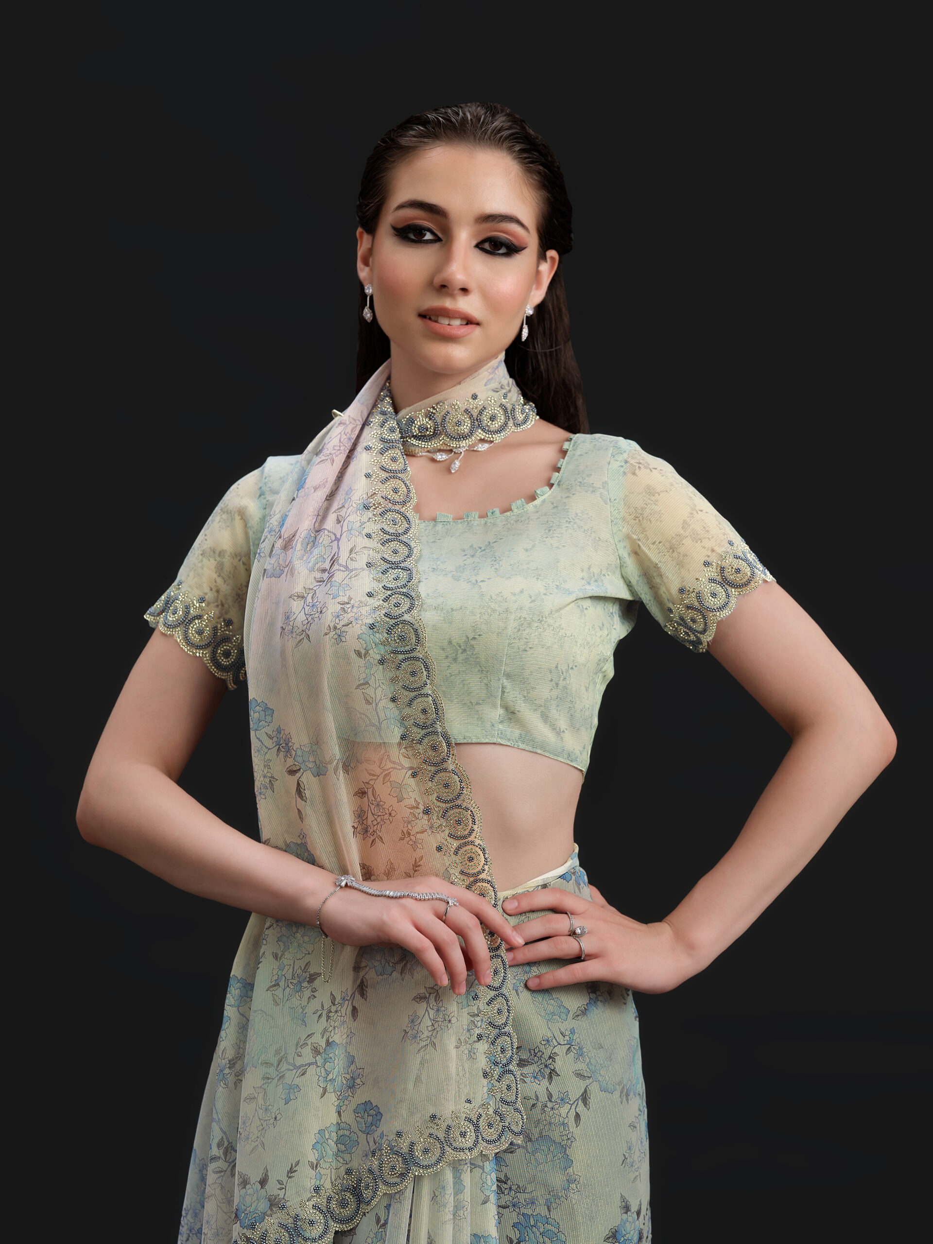 Blue - Blissful Blue Saree with Fancy Border and Digital Print – A Timeless Fusion of Elegance and Modern Design