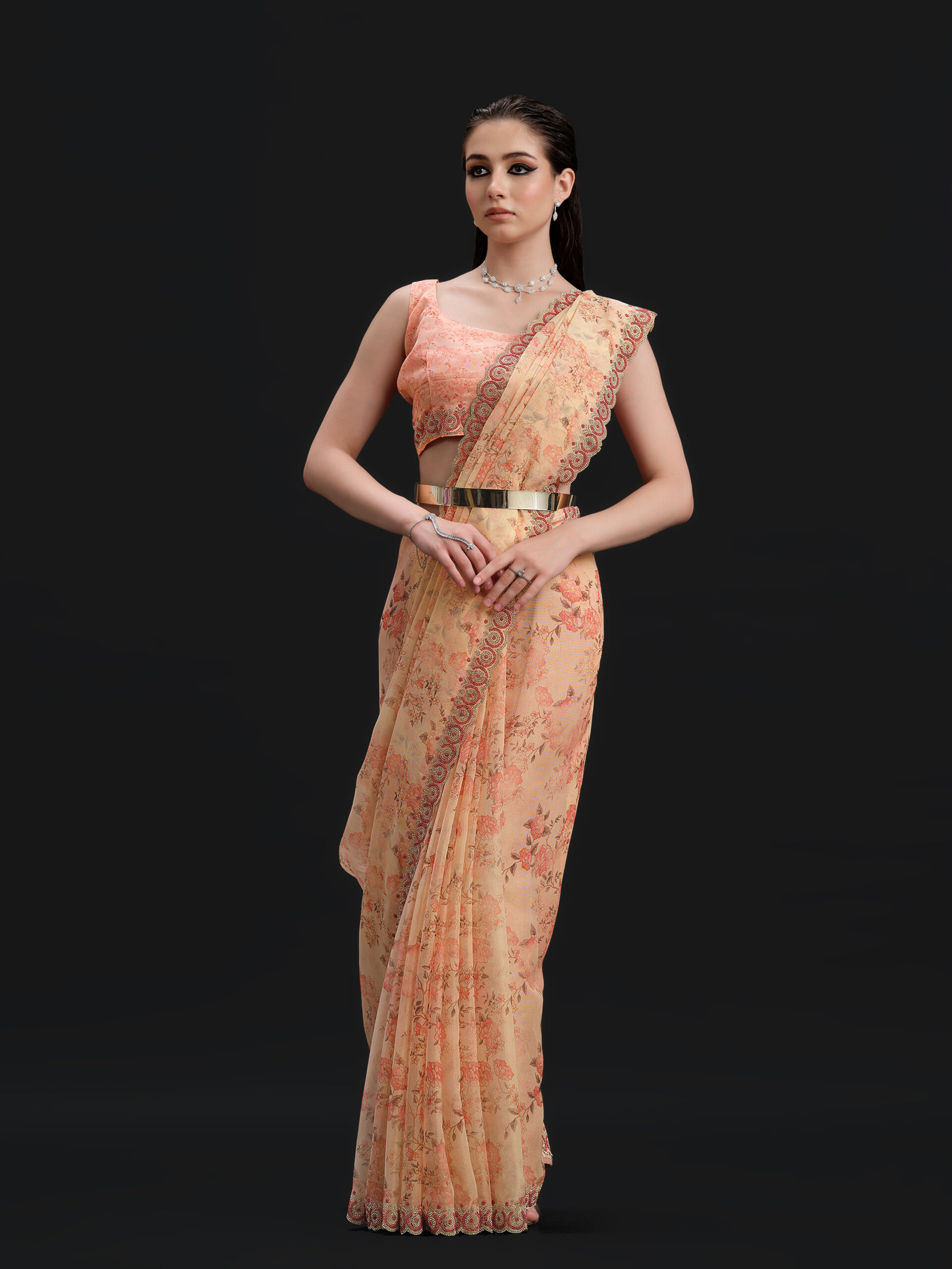 Peach - Buff Orange Saree with Fancy Border and Digital Print – 