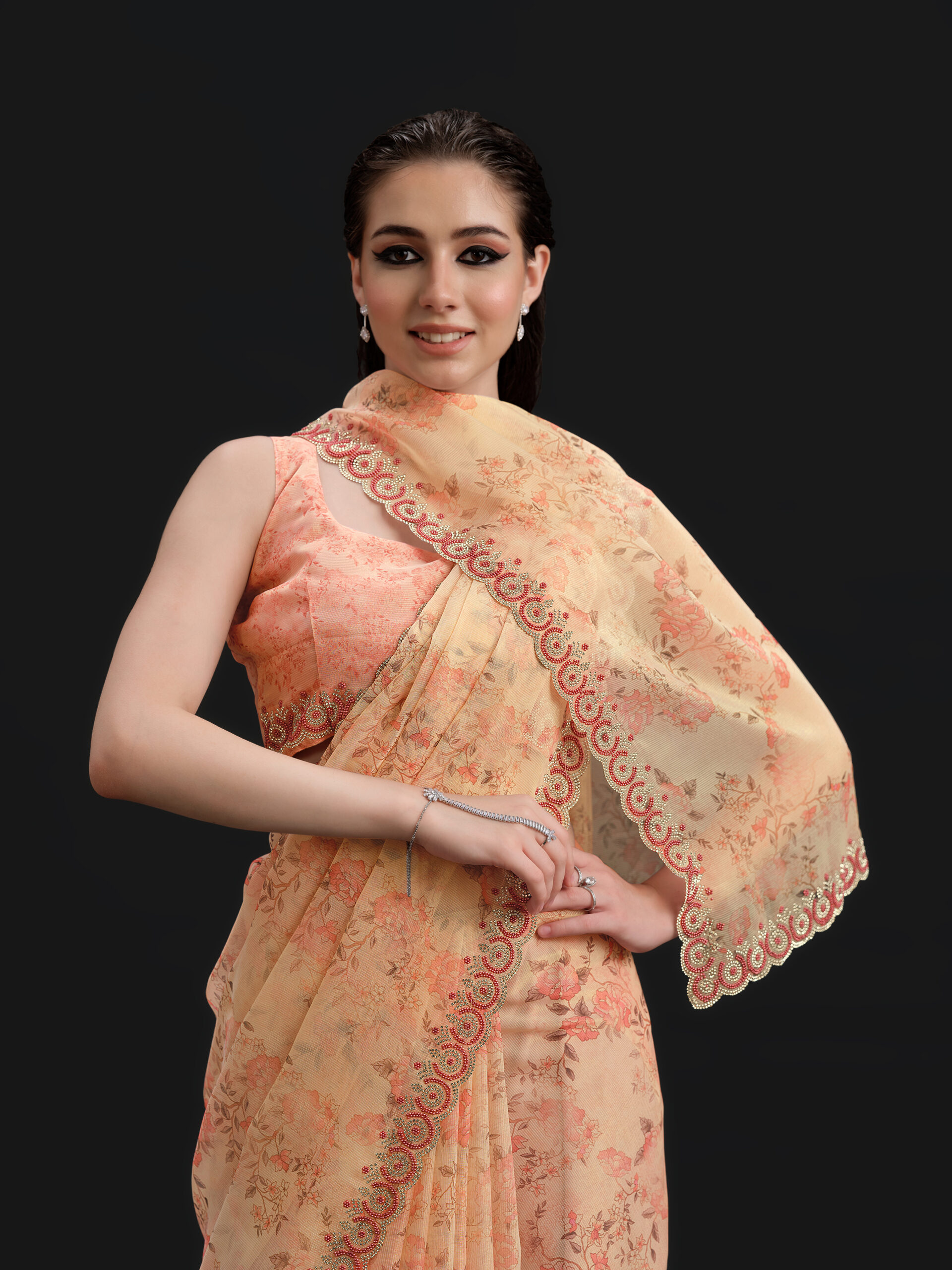 Peach - Buff Orange Saree with Fancy Border and Digital Print – 