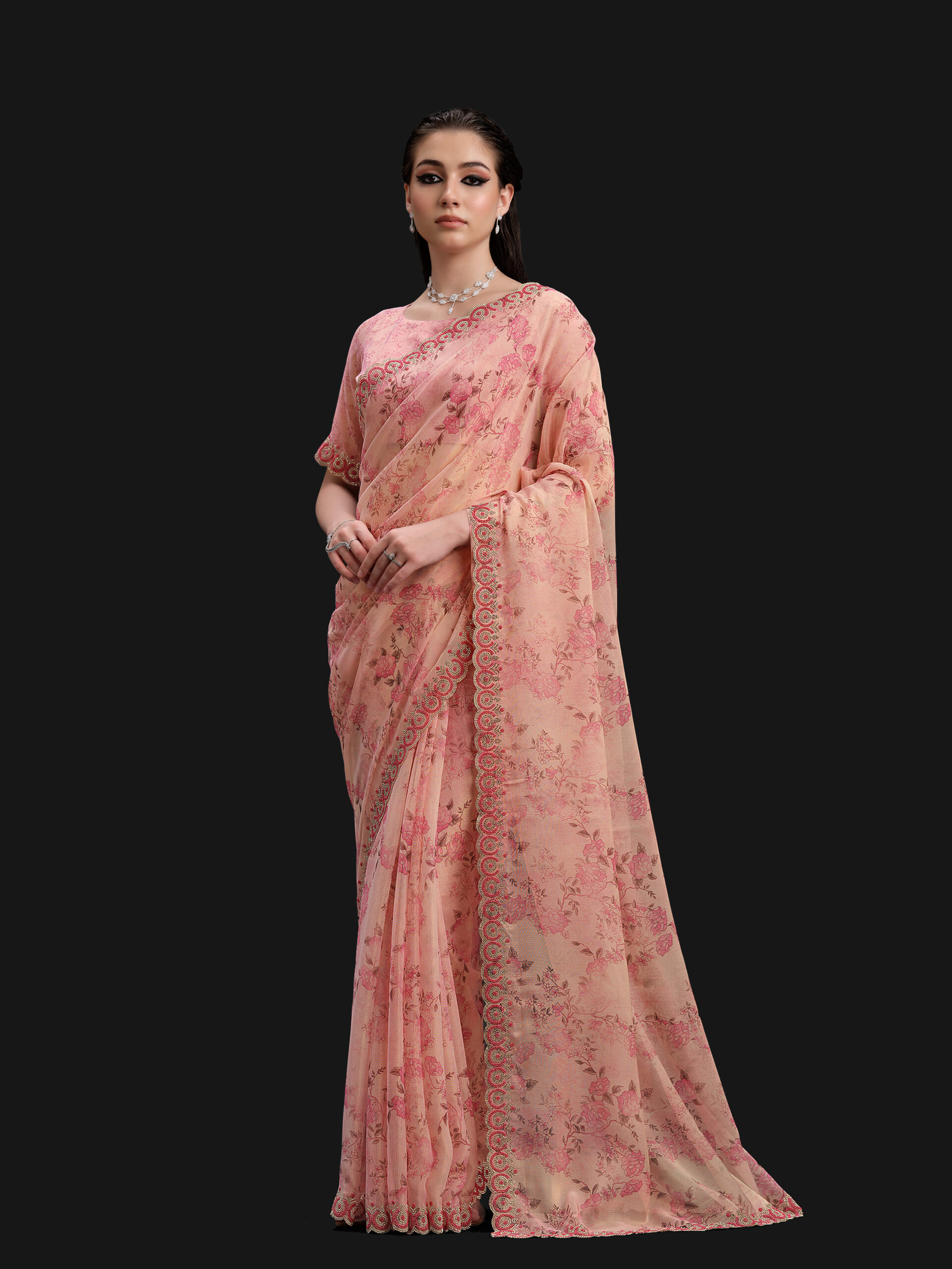 Pink - Quartz Pink Saree with Fancy Border and Digital Print – 