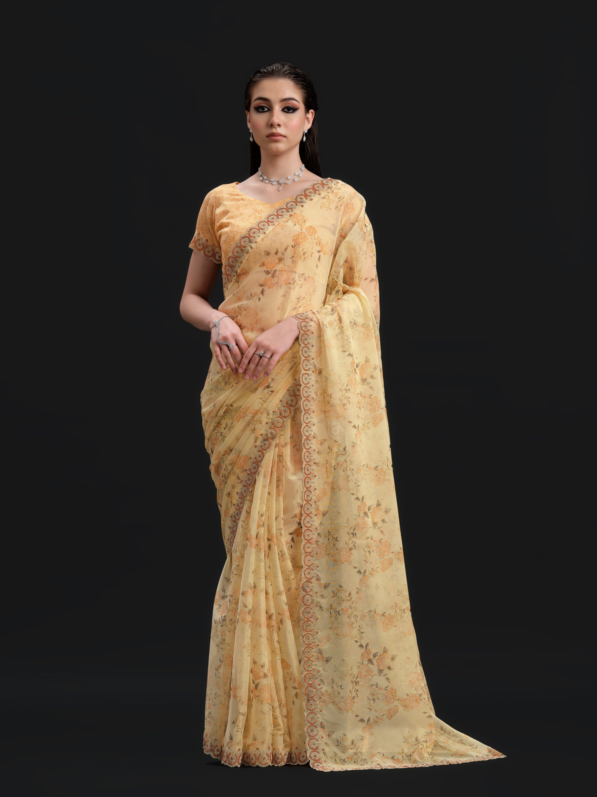 Yellow - Apricot Saree with Fancy Border and Digital Print – 