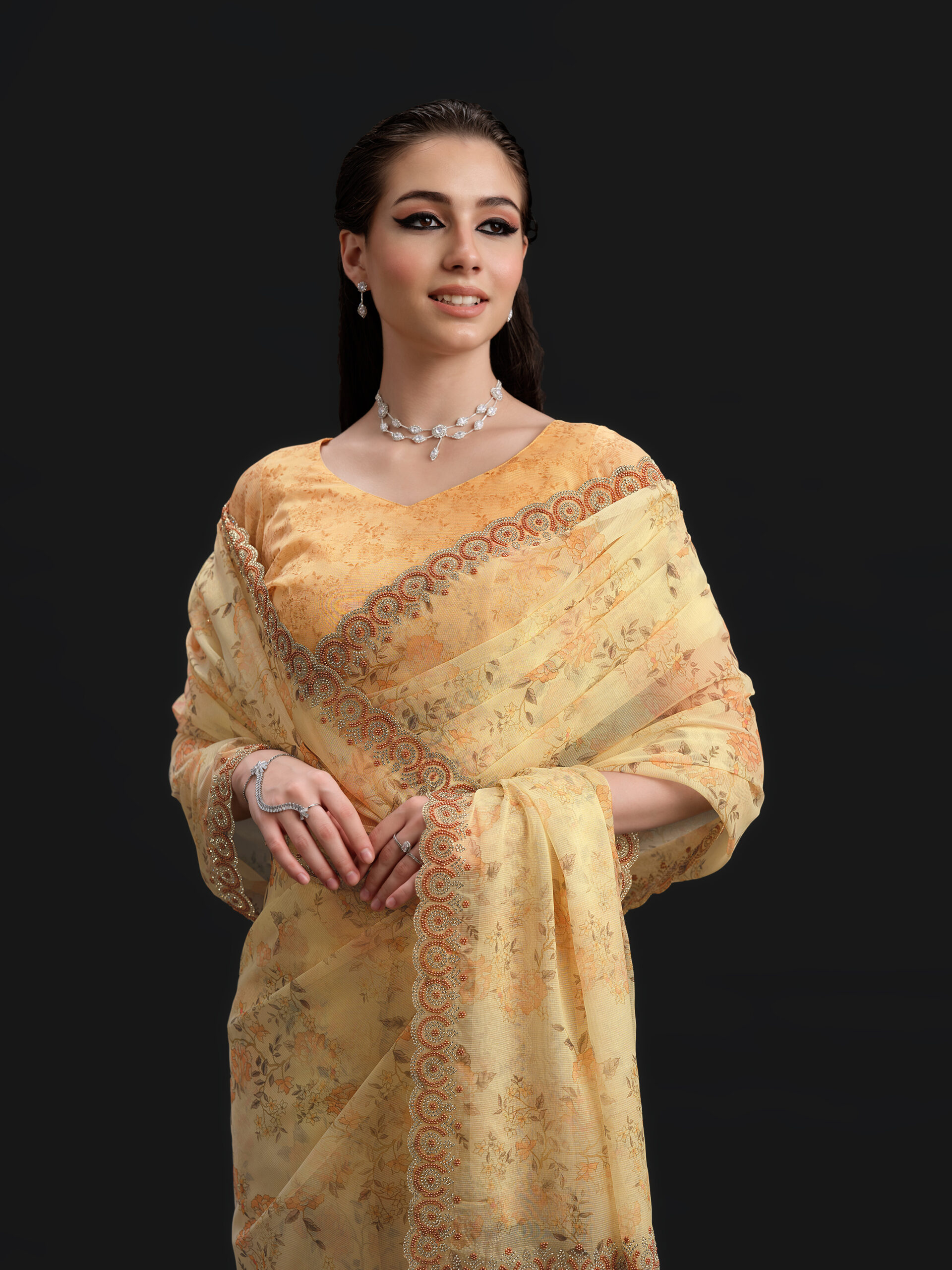 Yellow - Apricot Saree with Fancy Border and Digital Print – 