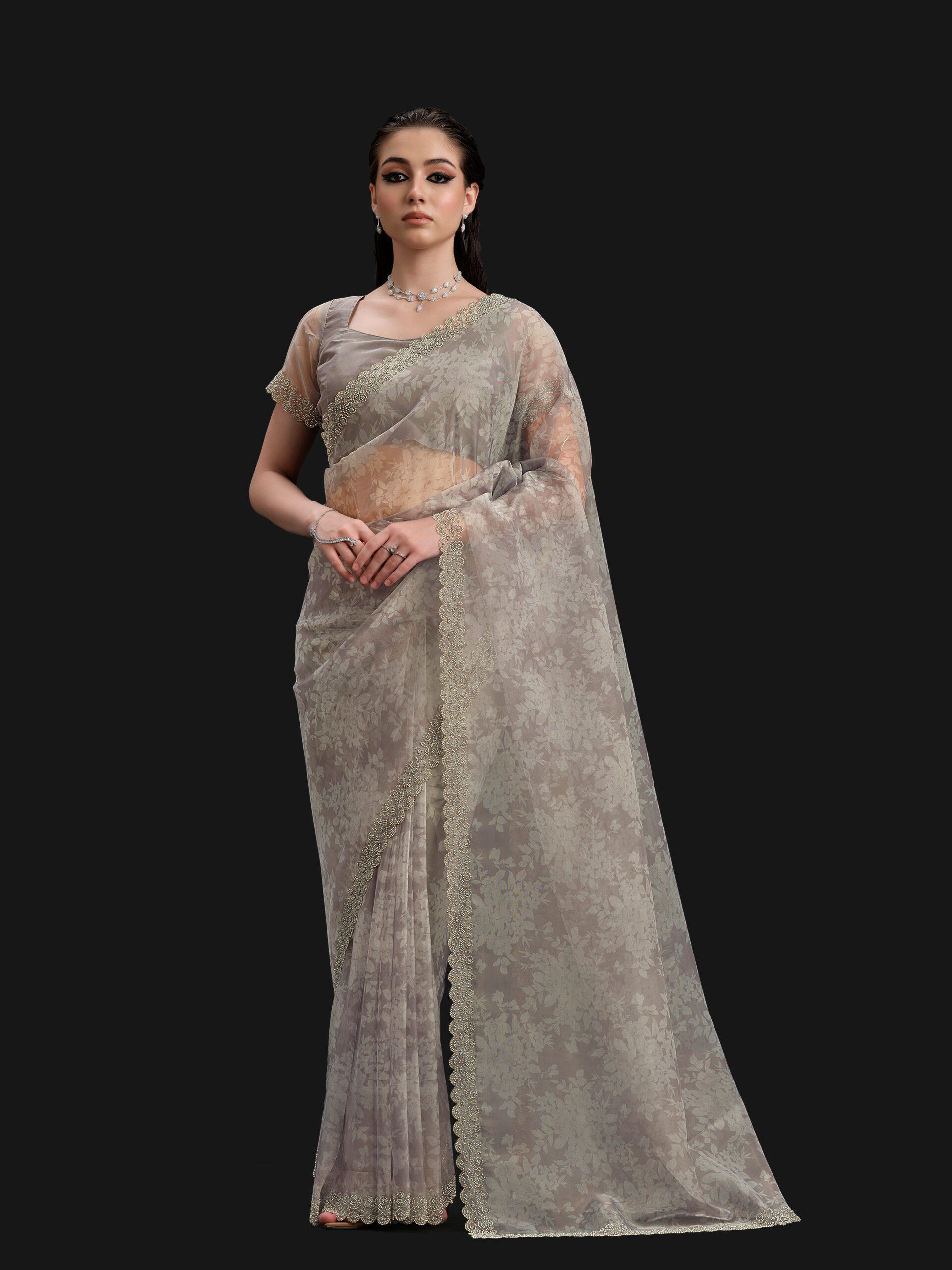 Grey - Slate Saree with Fancy Border and Digital Print – 