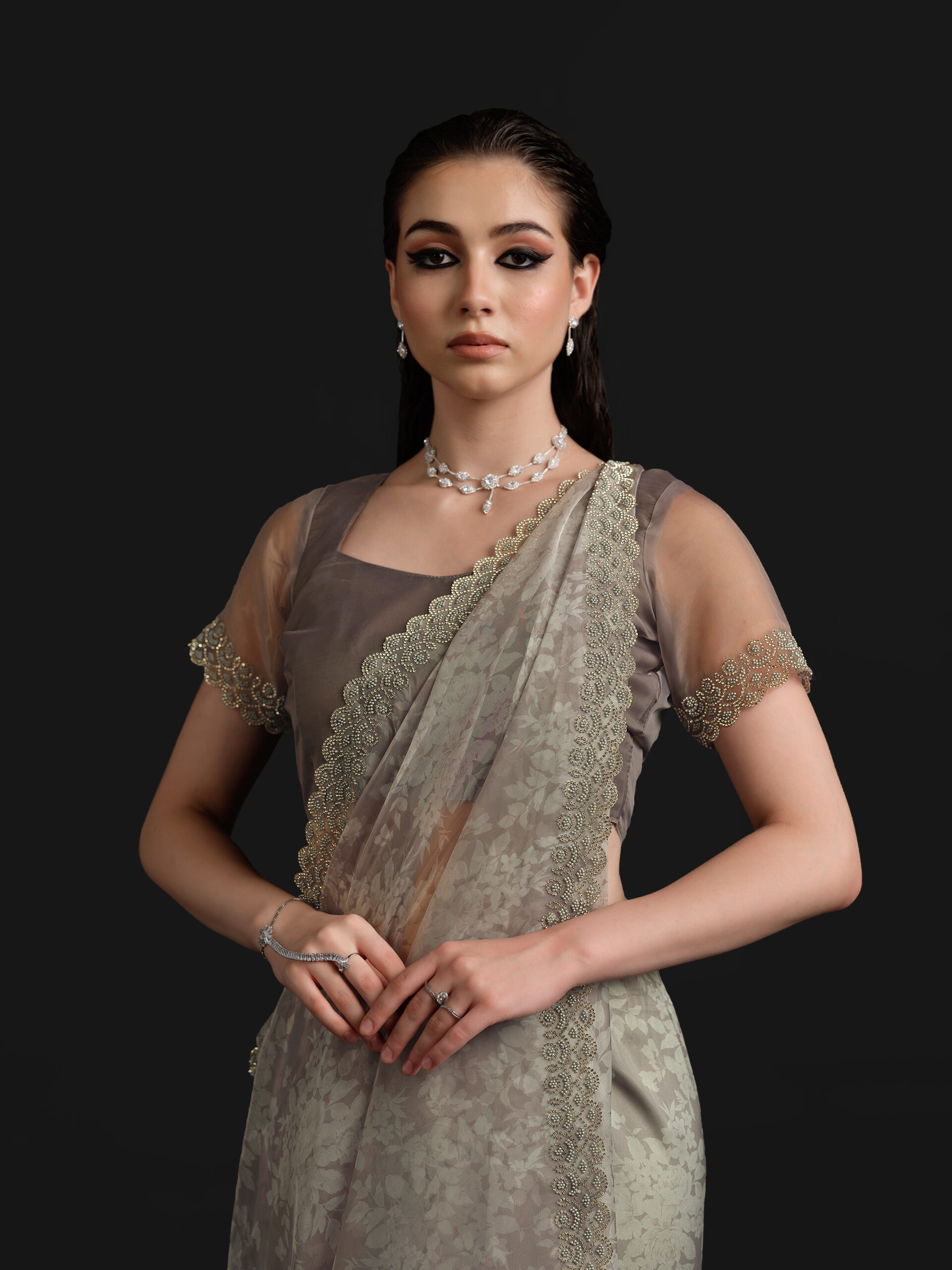 Grey - Slate Saree with Fancy Border and Digital Print – 